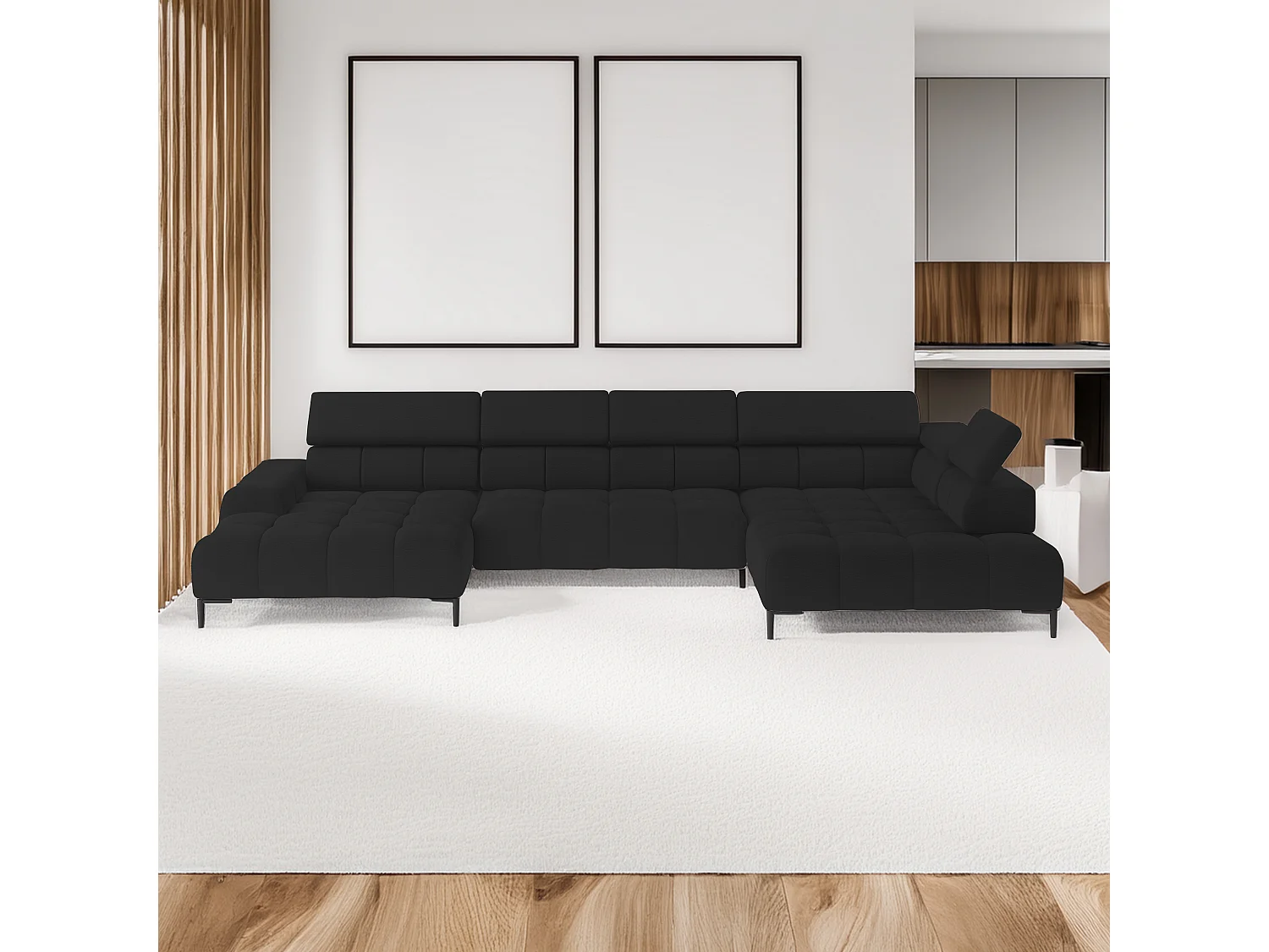 Ecksofa PLAZA-U Stoff SOLAR Eckcouch inkl. bequemer flauschiger Rückenlehne, lang rechts 216cm, kurz links 177cm Industrial Style U-Form Schwarz