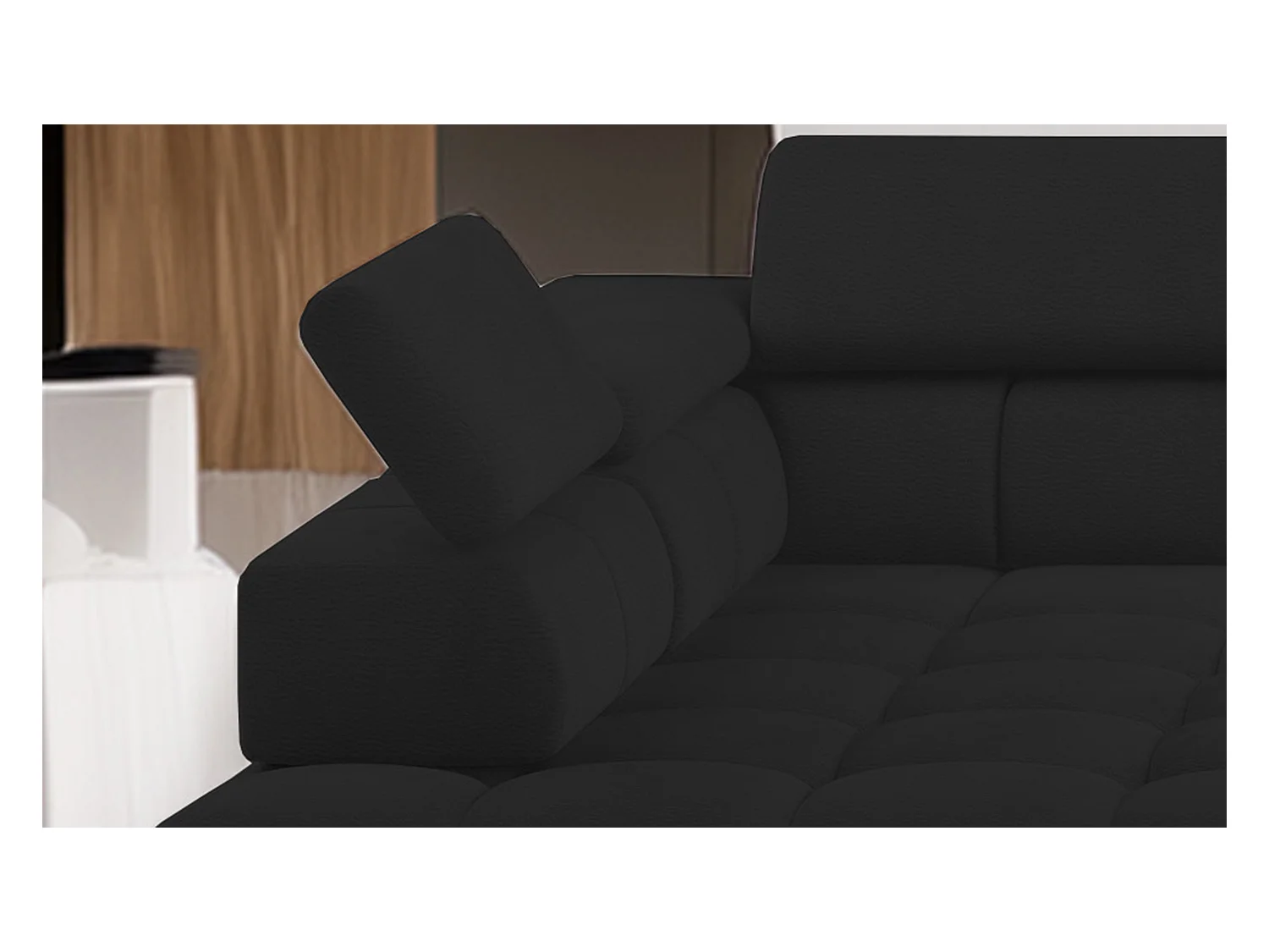 Canapé d'angle PLAZA-U tissu SOLAR avec dossier moelleux, style industriel, U-forme, droite 385x99x216cm, 216cm long, 177cm court, Noir