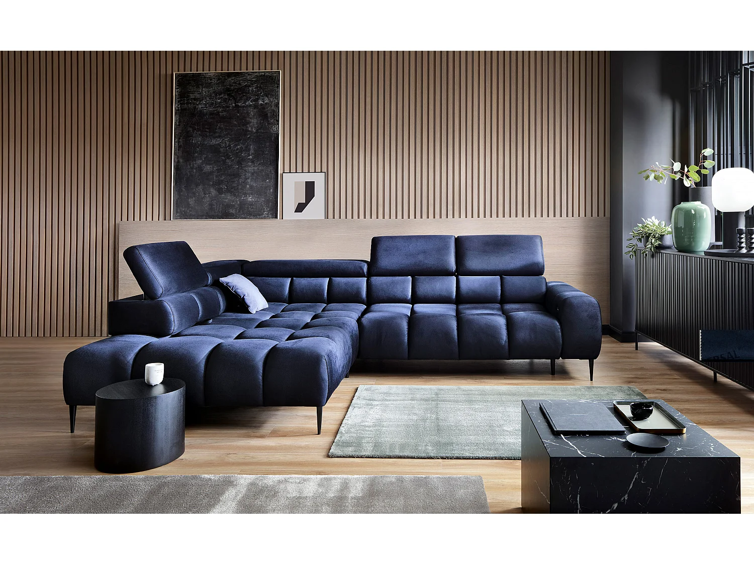 PLAZA-L Hoekbank Rechts Functioneel Comfortabel Bedfunctie Verstelbare Rugleuningen Verstelbare Zitting Verensysteem 300x216x99cm Blauw