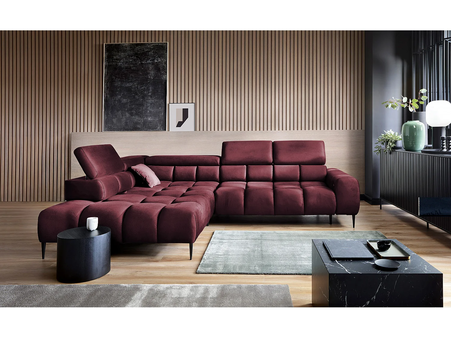 Ecksofa PLAZA-L Linke Funktional Komfortable Schlaffunktion Verstellbare Kopfstützen Verstellbarer Sitz Wellenfedersystem 300x216x99cm Burgunderrot