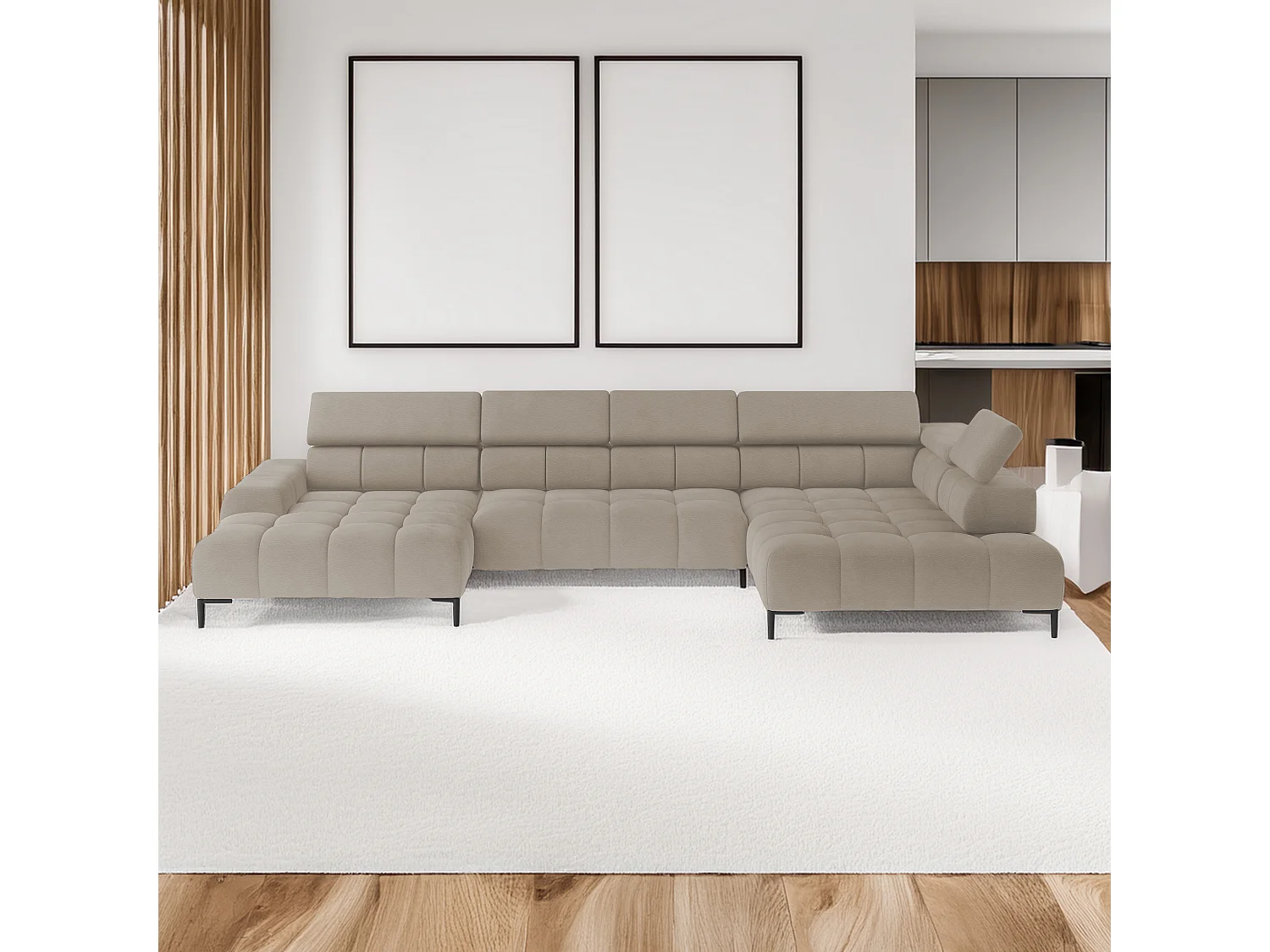 Ecksofa PLAZA-U Stoff SOLAR Eckcouch inkl. bequemer flauschiger Rückenlehne, lang rechts 216cm, kurz links 177cm Industrial Style U-Form Creme