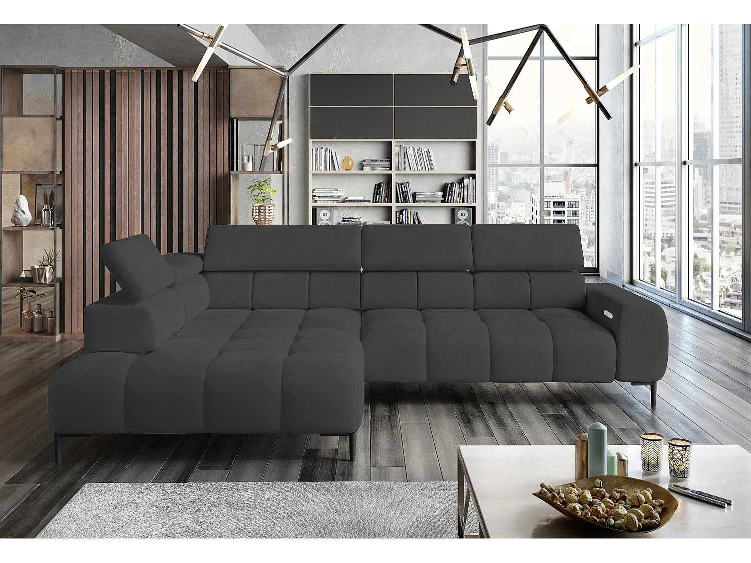 Hoeksalon PLAZA-L Stof SOLAR Hoekbank Inclusief Comfortabele Zachte Rugleuning Longchair Links Industrieel Stijl L-Vorm Links 300x99x216cm GRAY