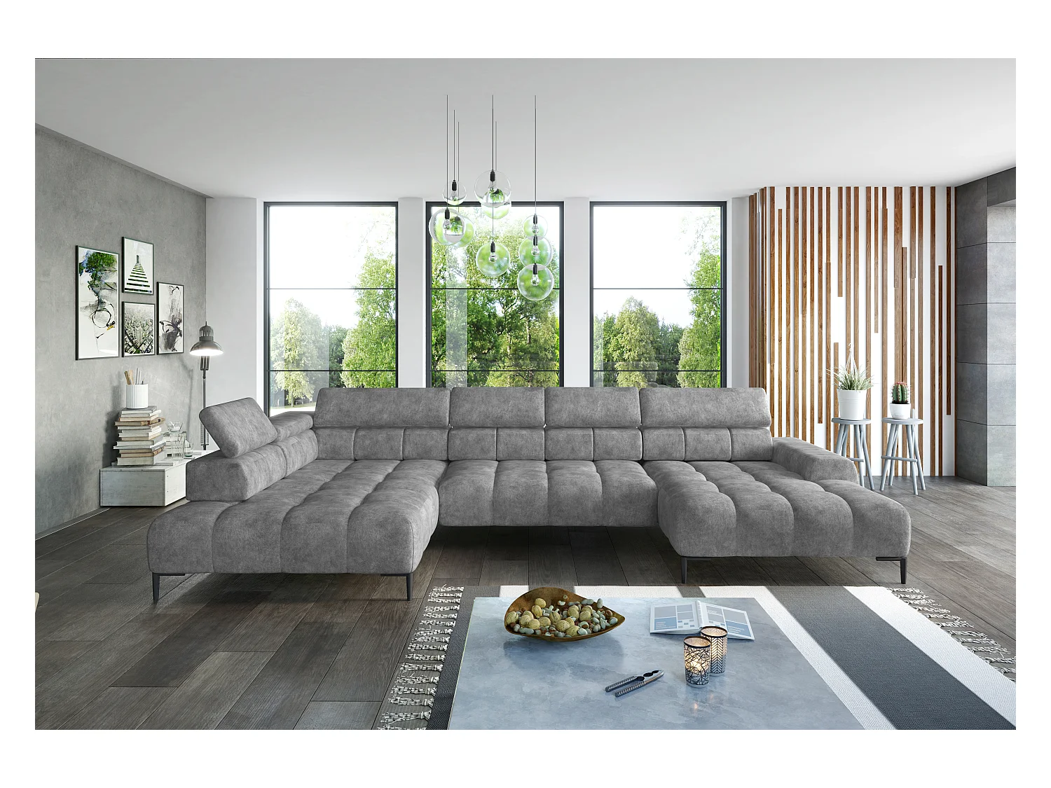 Canapé d'angle Plaza en forme de U - Côté gauche, Fonctionnel, Couchage confortable, Têtières réglables, Assise réglable 385x216 cm, Gris