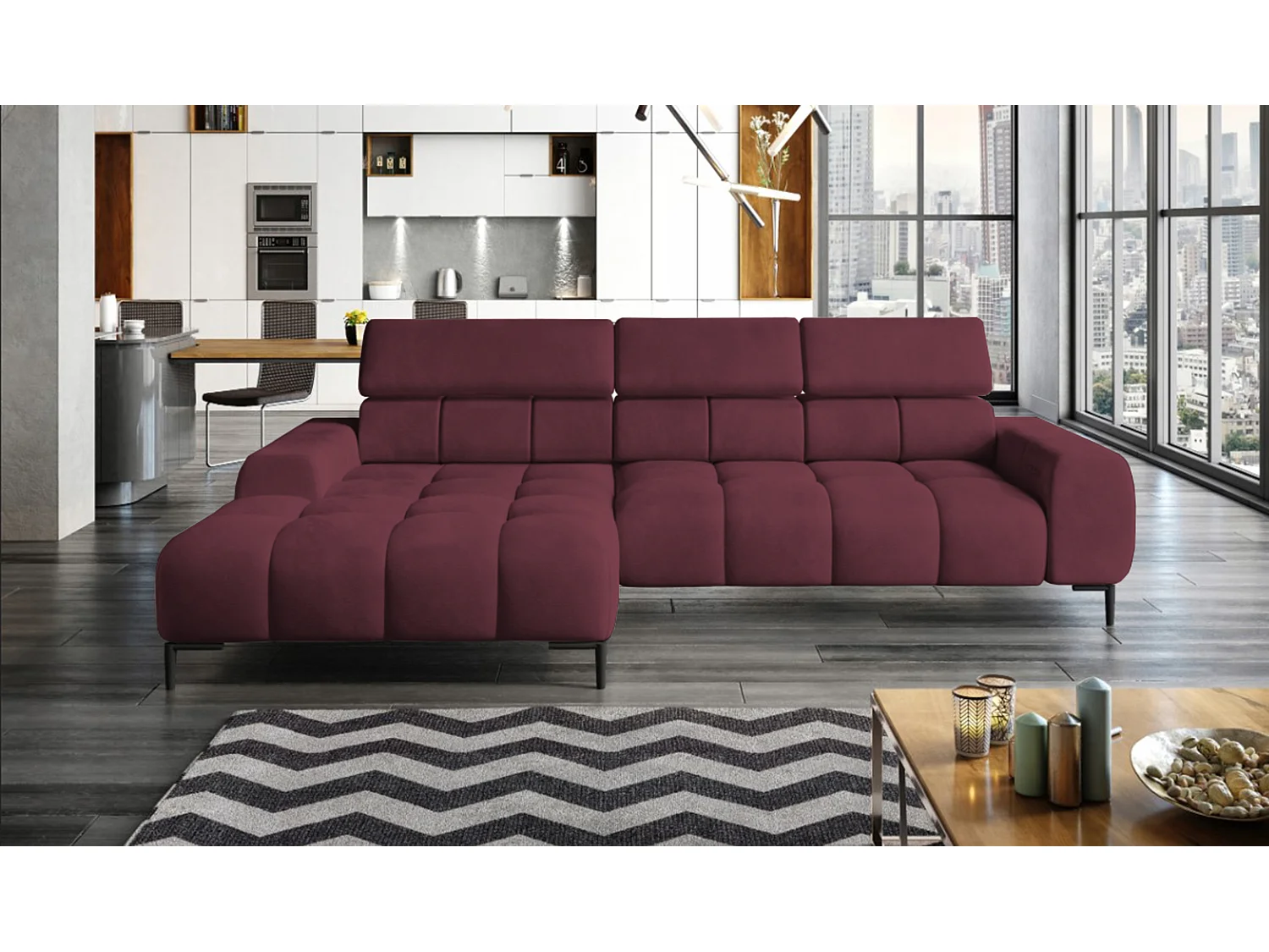 PlazaMINI Polsterecke L-Form Links, Ecksofa mit Schlaffunktion, 3-Sitzer, verstellbare Kopfstützen, MONOLITH, 177x270x99 cm, Burgunderrot