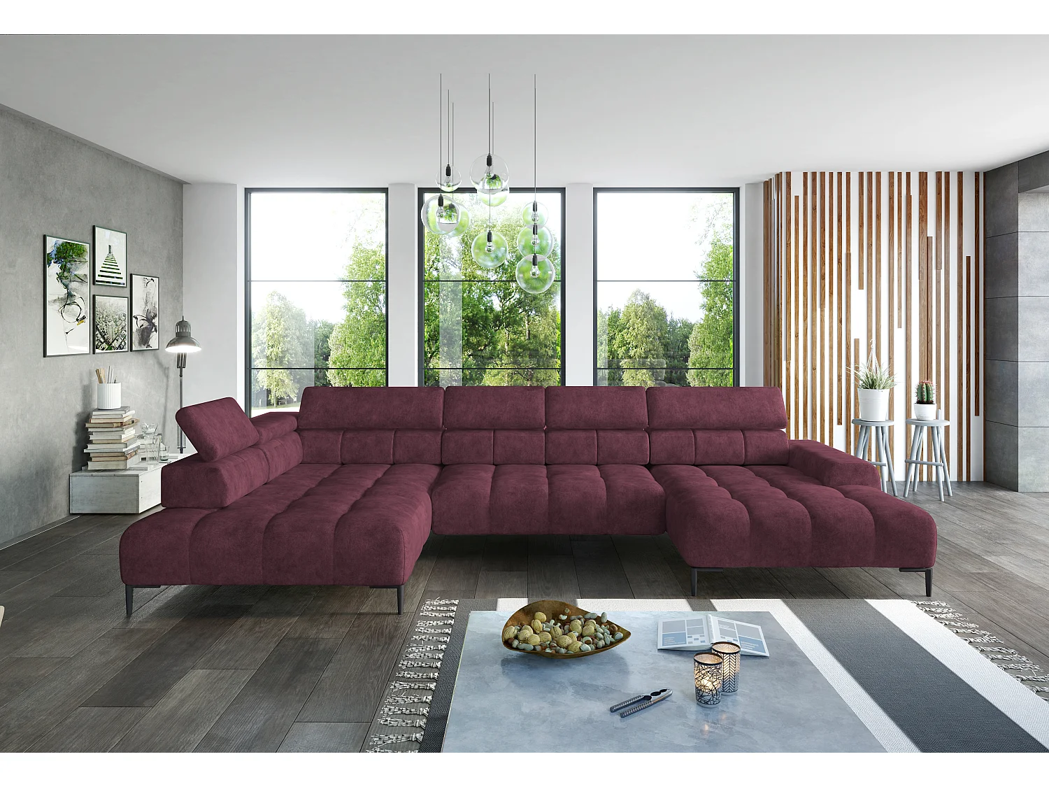 Plaza Sofa Narożna w układzie "U" - Prawa, Funkcja spania, Regulowane zagłówki i siedzisko, 385x216 cm, Bordowa