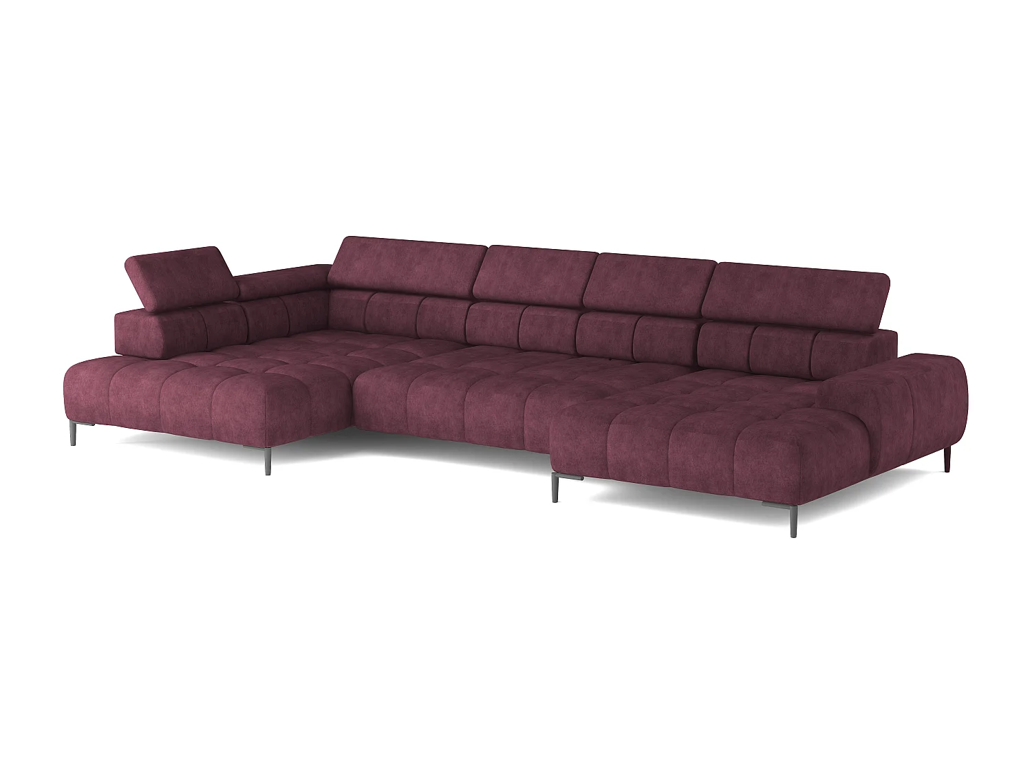 Plaza Sofa Narożna w układzie "U" - Prawa, Funkcja spania, Regulowane zagłówki i siedzisko, 385x216 cm, Bordowa