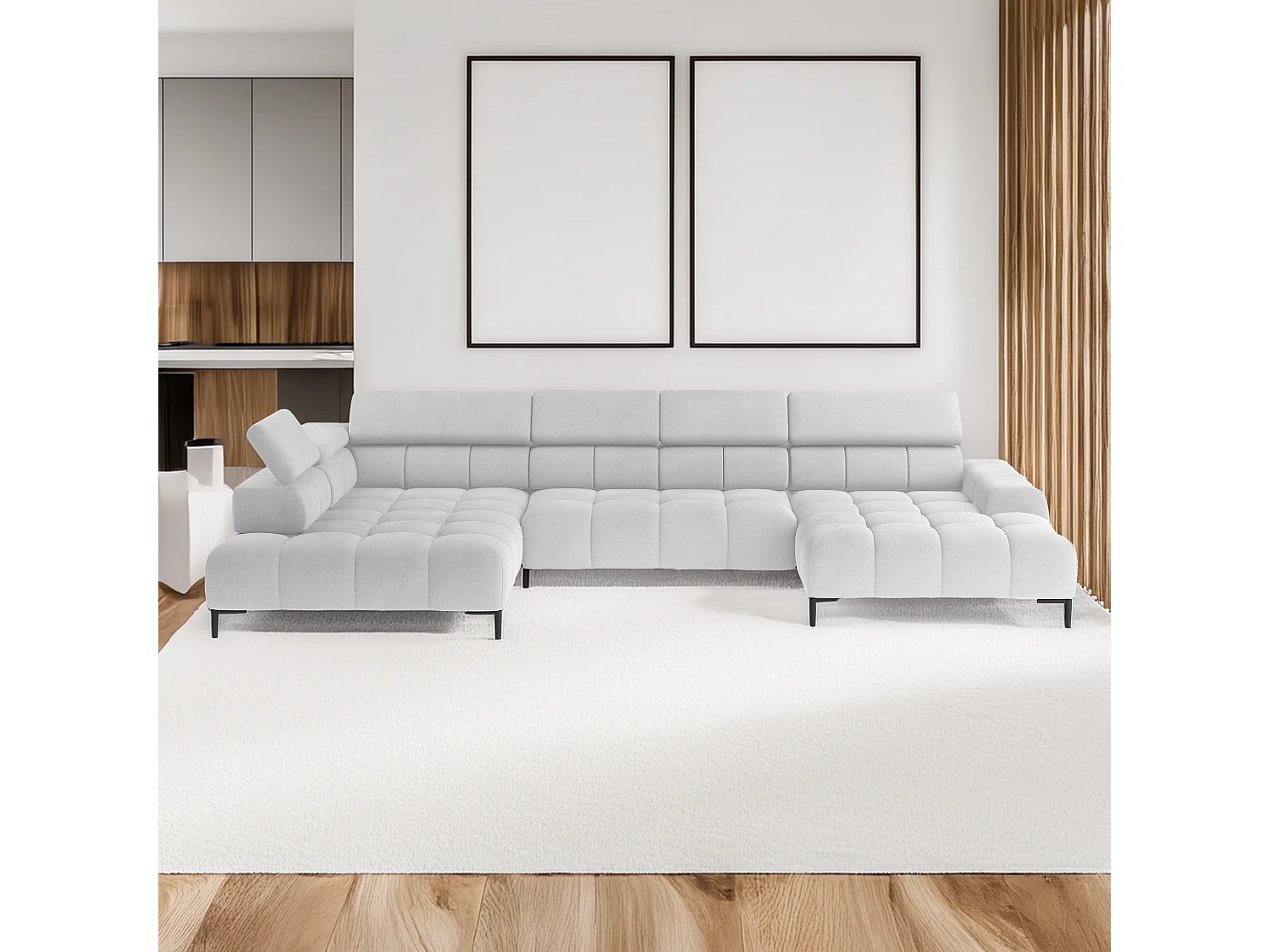 Ecksofa PLAZA-U Stoff SOLAR Eckcouch inkl. bequemer flauschiger Rückenlehne, lang links 216cm, kurz rechts 177cm Industrial Style U-Form Weiß