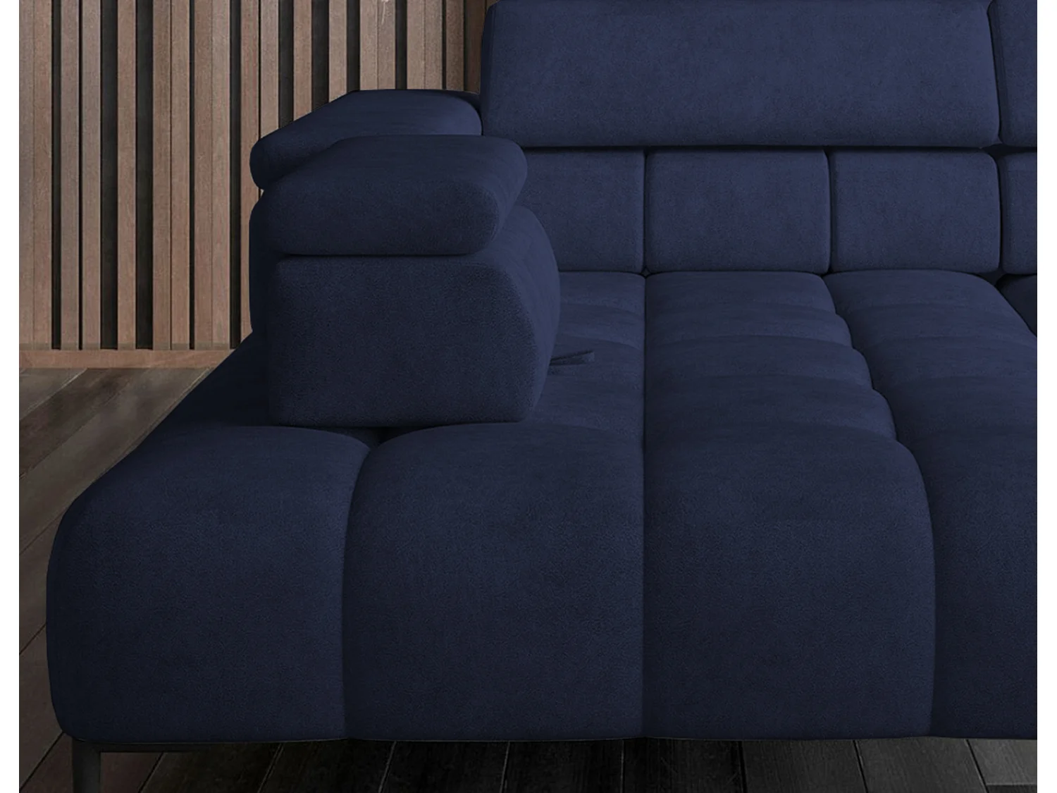 Plaza Ecksofa U-Form - Rechte Seite, Schlaffunktion, Verstellbare Kopfstützen, Wellenfedersystem, Hochelastischer Schaum, 385x216 cm, Blau