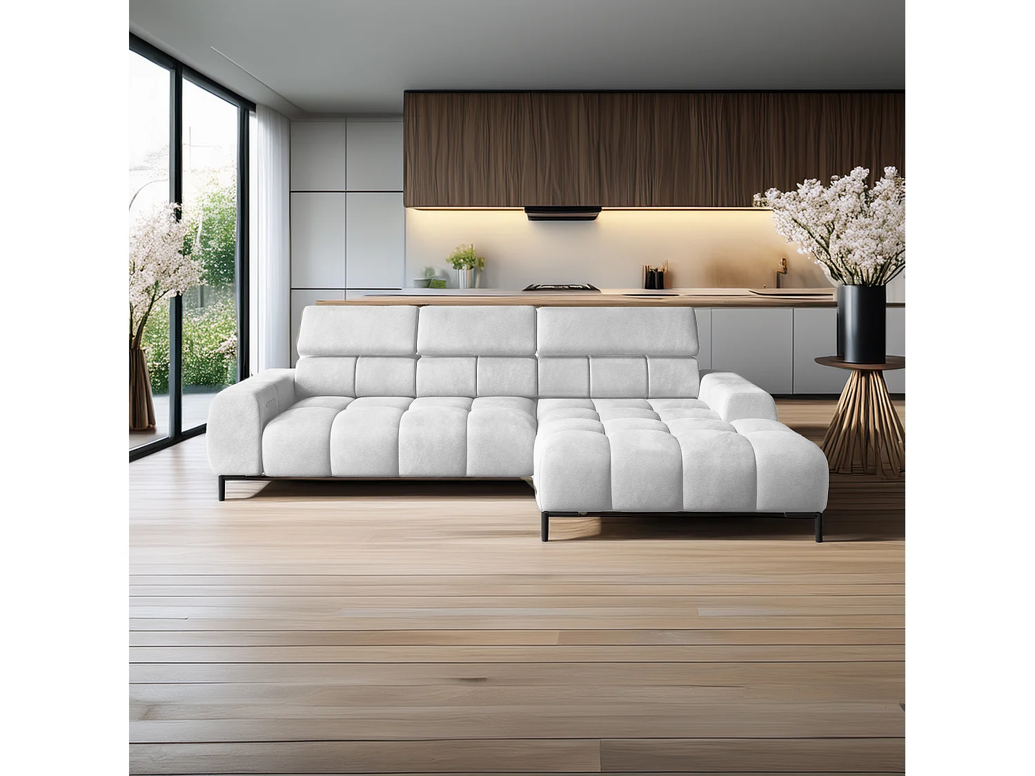 Ecksofa PLAZA-MINI Stoff SOLAR Longchair Rechts, Flauschige Rückenlehne, Industrial Style, L-Form, 270x99x177cm, R-WEISS