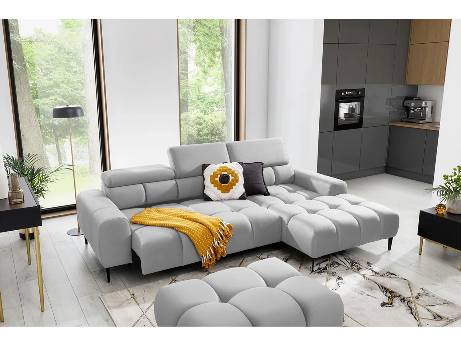 Ecksofa PLAZA-MINI Stoff SOLAR Longchair Rechts, Flauschige Rückenlehne, Industrial Style, L-Form, 270x99x177cm, R-WEISS