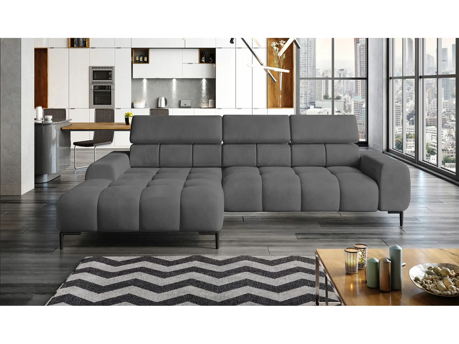 PlazaMINI Polsterecke L-Form Links, Ecksofa mit Schlaffunktion, 3-Sitzer, verstellbare Kopfstützen, Stoff: SALVADOR, 177x270x99 cm, Anthrazit