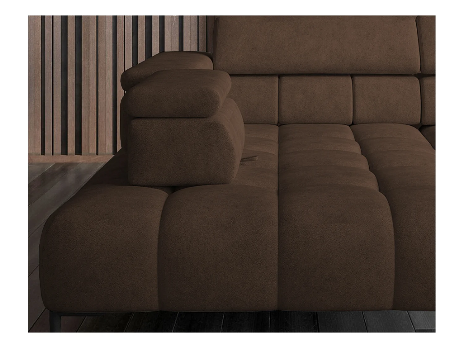 Canapé d'angle Plaza en forme de U - Côté gauche, Fonctionnel, Couchage confortable, Têtières réglables, Assise réglable 385x216 cm, Marron