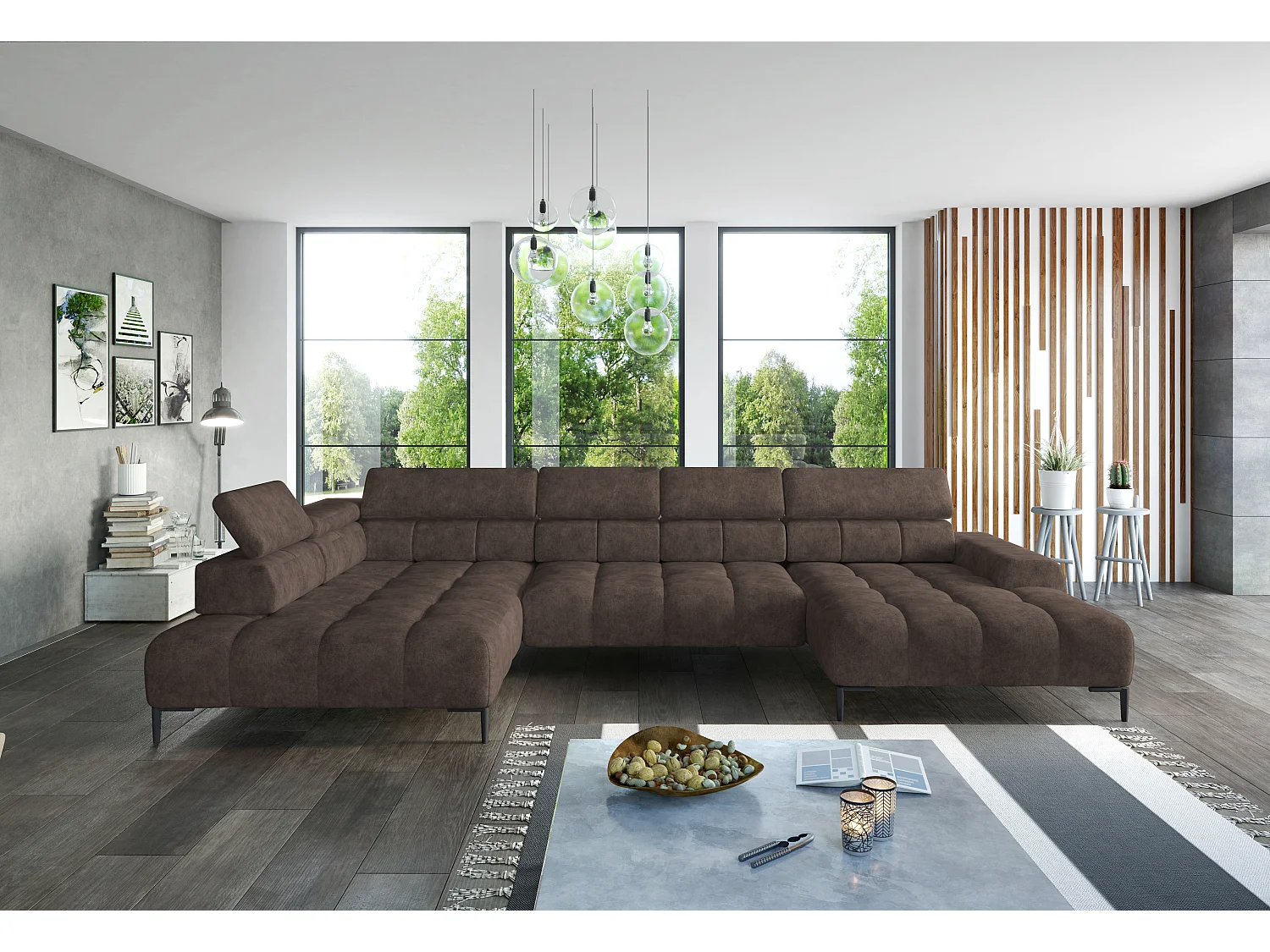 Plaza U-vormige Hoekbank - Linkerkant, Slaapfunctie, Verstelbare Hoofdkussens, Springensysteem, Hoog Elastische Schuim, 385x216 cm, Bruin