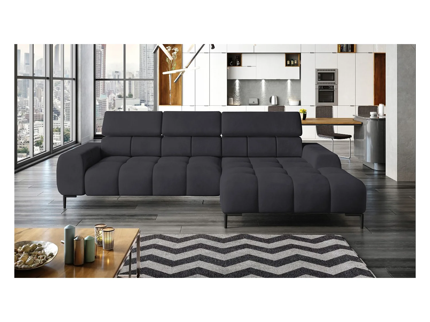 PlazaMINI Polsterecke L-Form Rechts, Ecksofa mit Schlaffunktion, 3-Sitzer, verstellbare Kopfstützen, MONOLITH, 177x270x99 cm, Marineblau