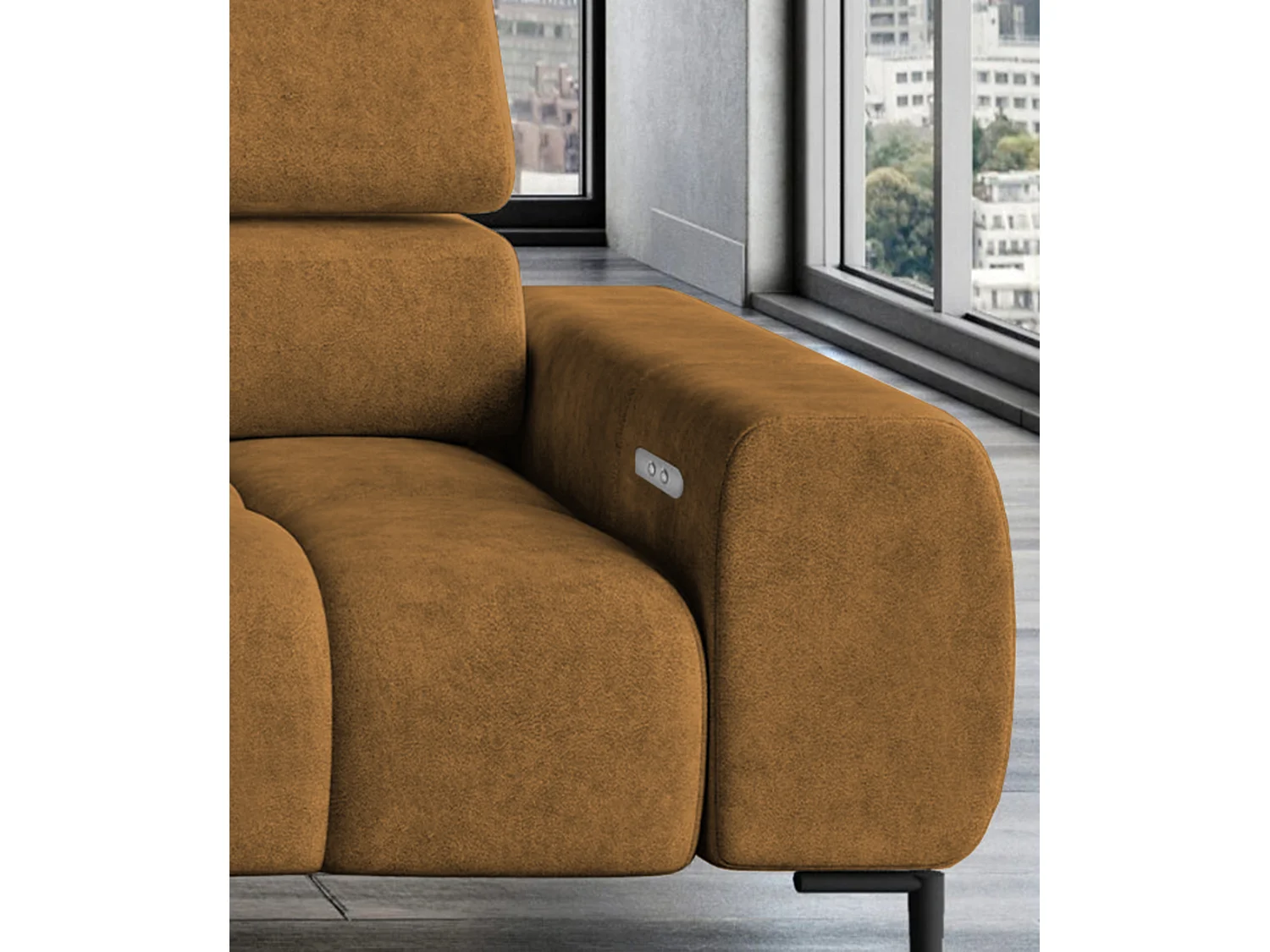 Narożnik PlazaMINI L-Form Prawy, sofa z funkcją spania, 3-osobowa, regulowane zagłówki, MONOLITH, 177x270x99 cm, Złoty