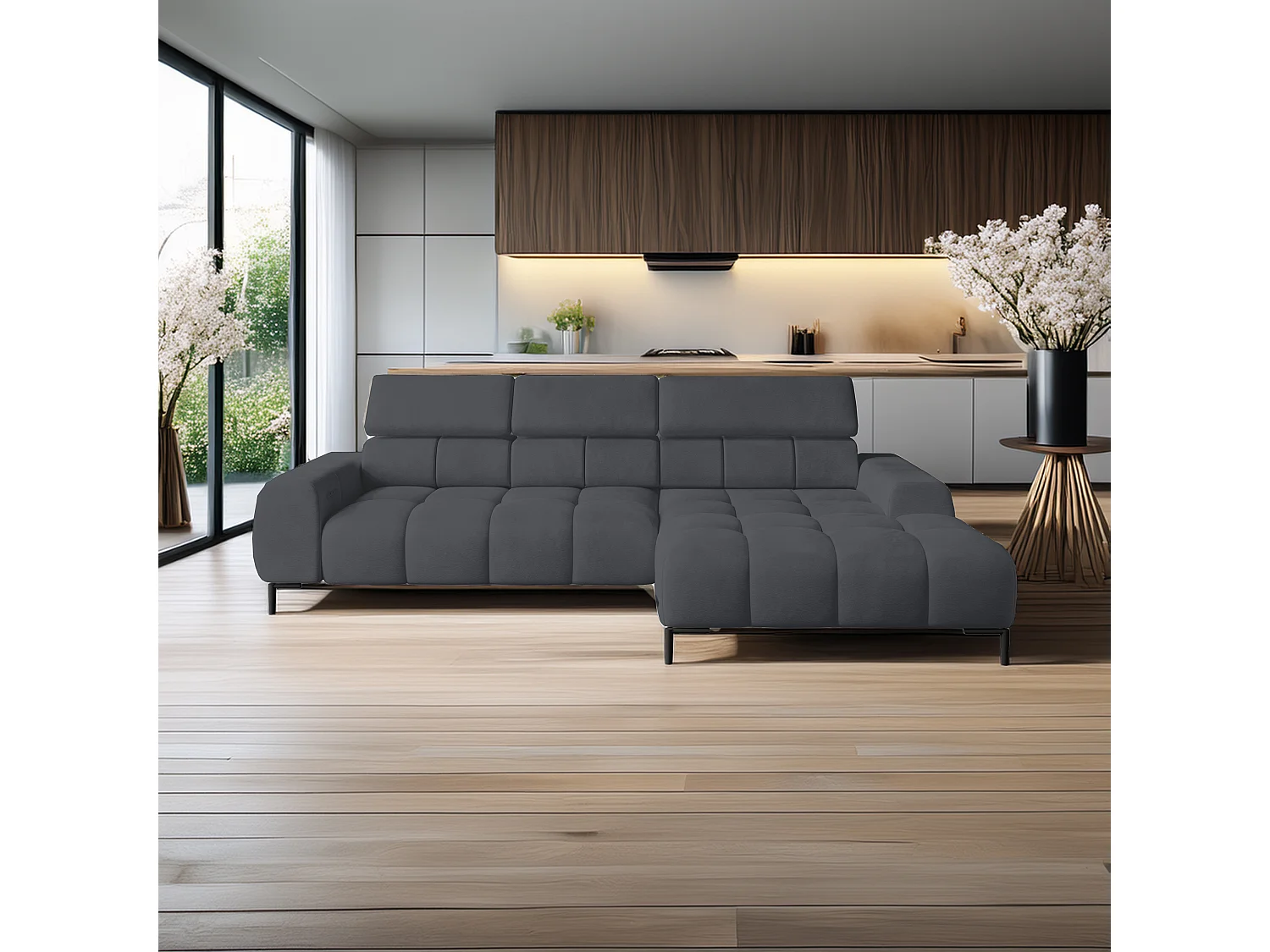 Ecksofa PLAZA-MINI Stoff SOLAR Longchair Rechts, Flauschige Rückenlehne, Industrial Style, L-Form, 270x99x177cm, R-GRAU