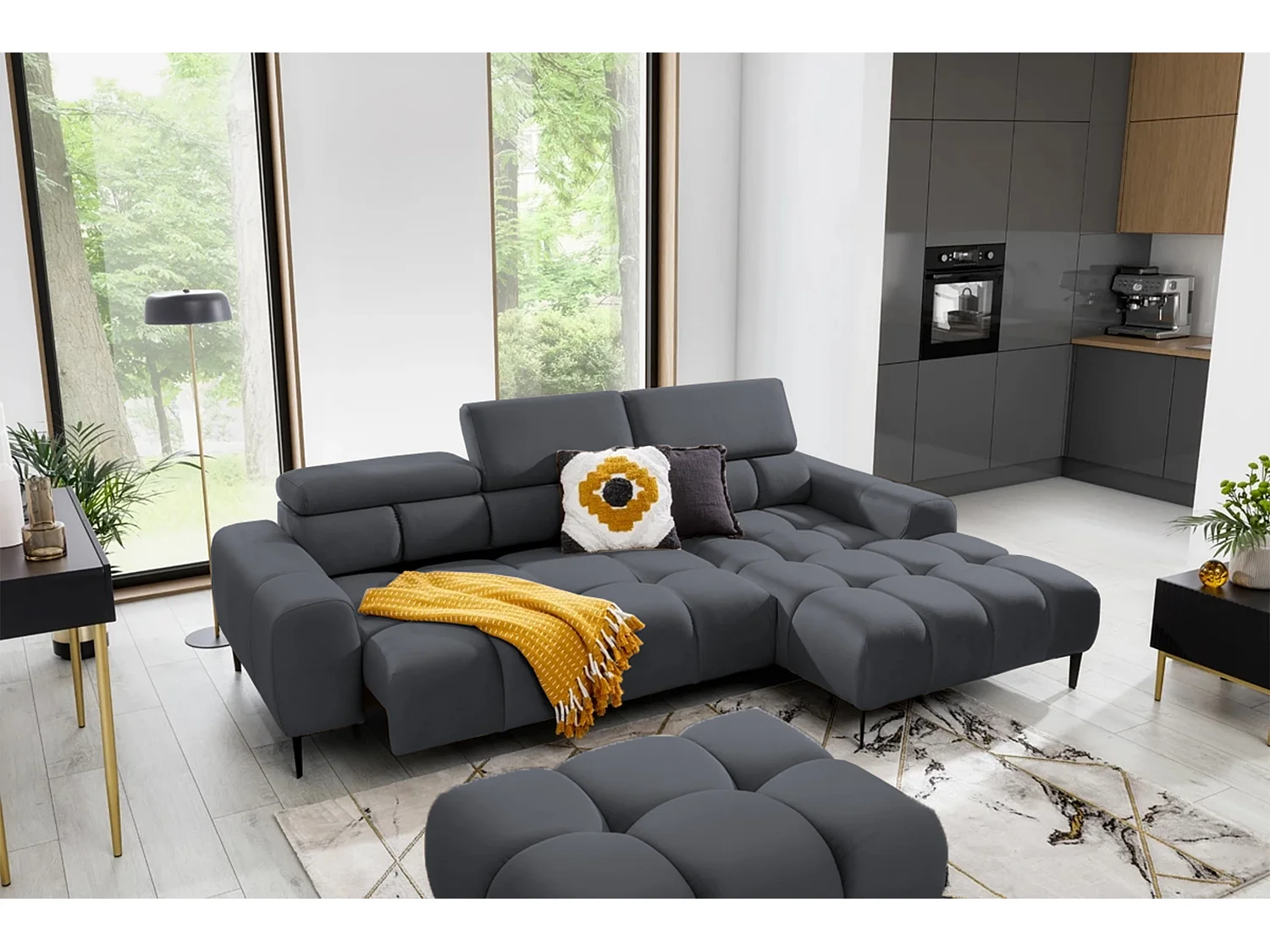 Hoeksalon PLAZA-MINI Stof SOLAR Longchair Rechts, Zachte Rugleuning, Industrieel Stijl, L-Vorm, 270x99x177cm, R-GRAY