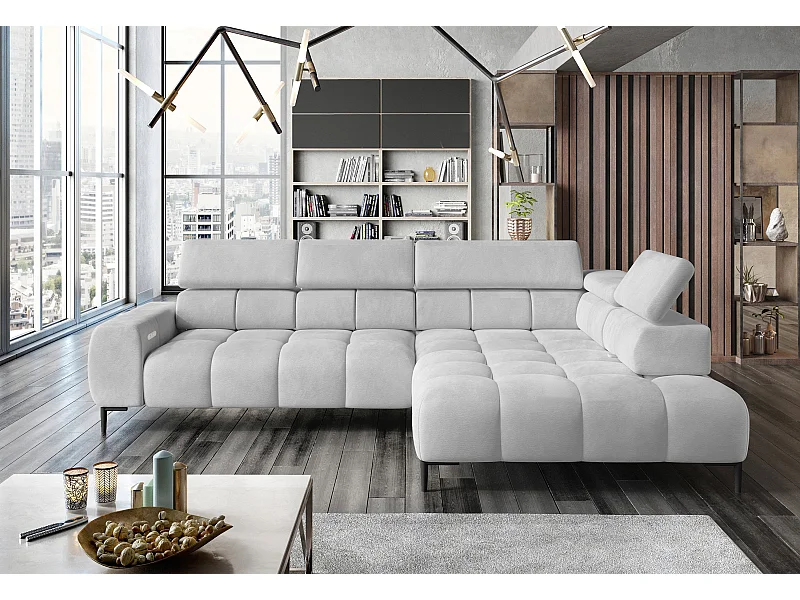 Canapé d'angle PLAZA-L tissu SOLAR, canapé avec dossier moelleux, méridienne droite, style industriel, L-forme, 300x99x216cm, BLANC