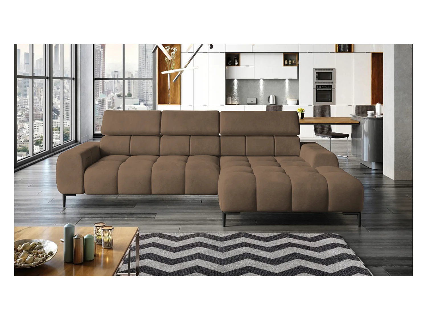 PlazaMINI Polsterecke L-Form Rechts, Ecksofa mit Schlaffunktion, 3-Sitzer, verstellbare Kopfstützen, MONOLITH, 177x270x99 cm, Braun