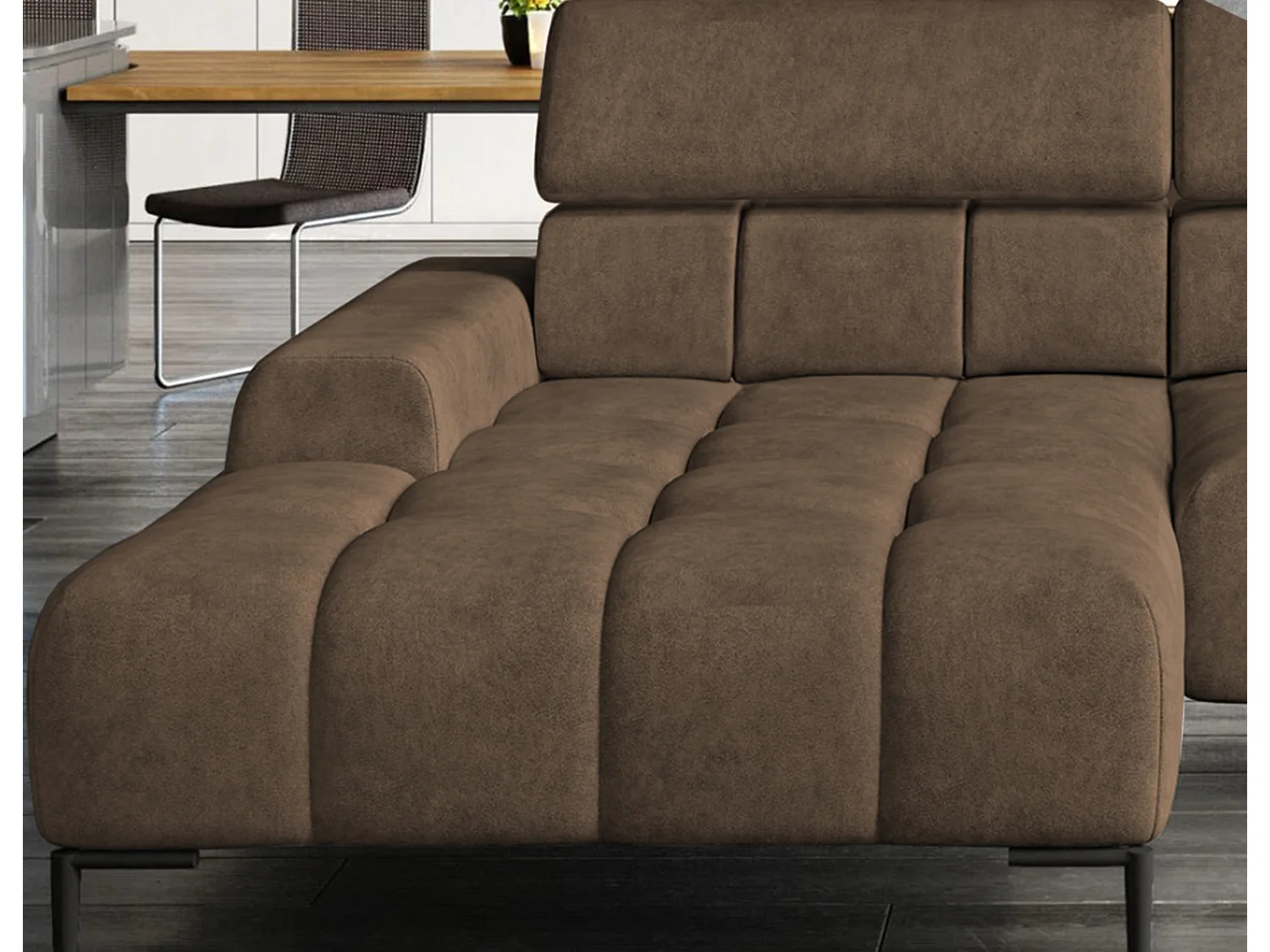 PlazaMINI PolstereckeL-Form Rechts, Hoekbank met Slaapfunctie, 3-zits, Verstelbare hoofdsteunen, MONOLITH, 177x270x99 cm, Bruin