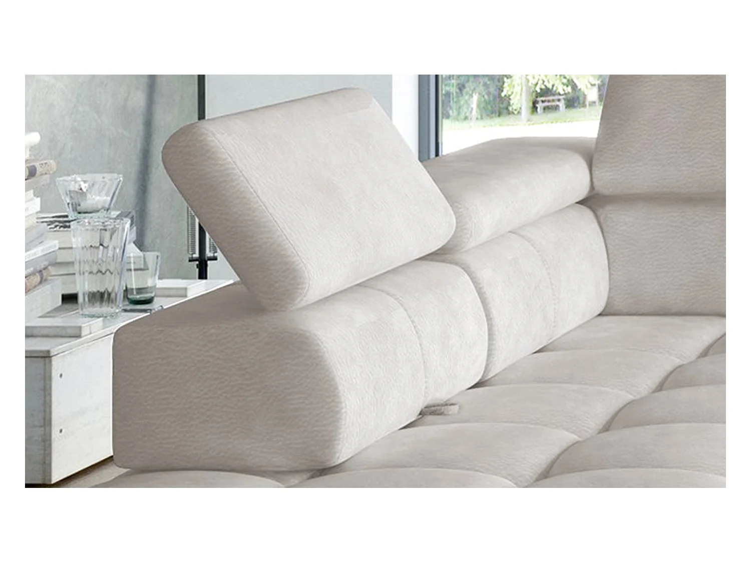 Canapé d'angle PLAZA-U tissu SOLAR avec dossier moelleux, style industriel, U-forme, droite 385x99x216cm, 216cm long, 177cm court, Hêtre
