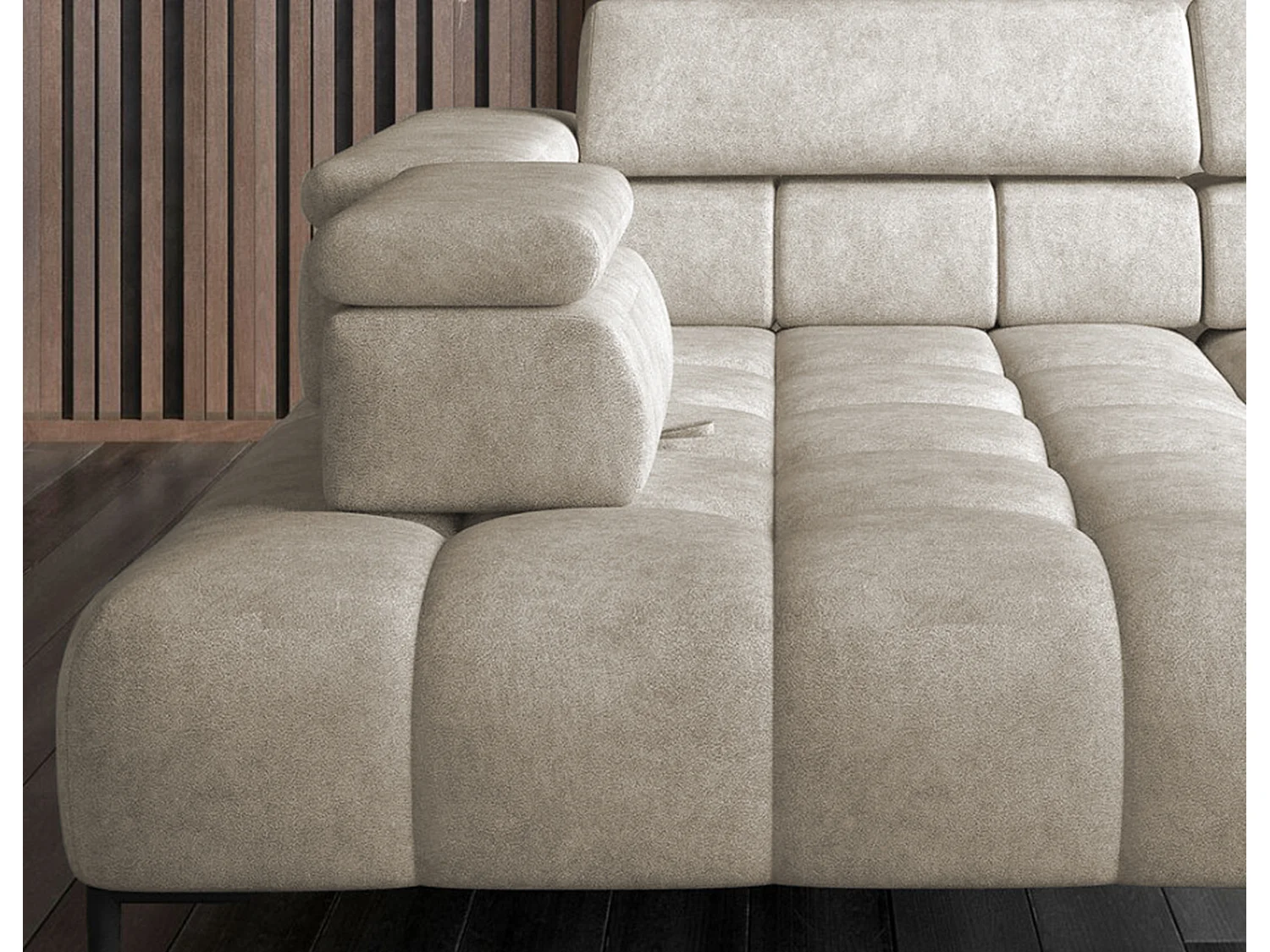 Plaza U-vormige Hoekbank - Rechterkant, Slaapfunctie, Verstelbare Hoofdkussens, Springensysteem, Hoog Elastische Schuim, 385x216 cm, Beige