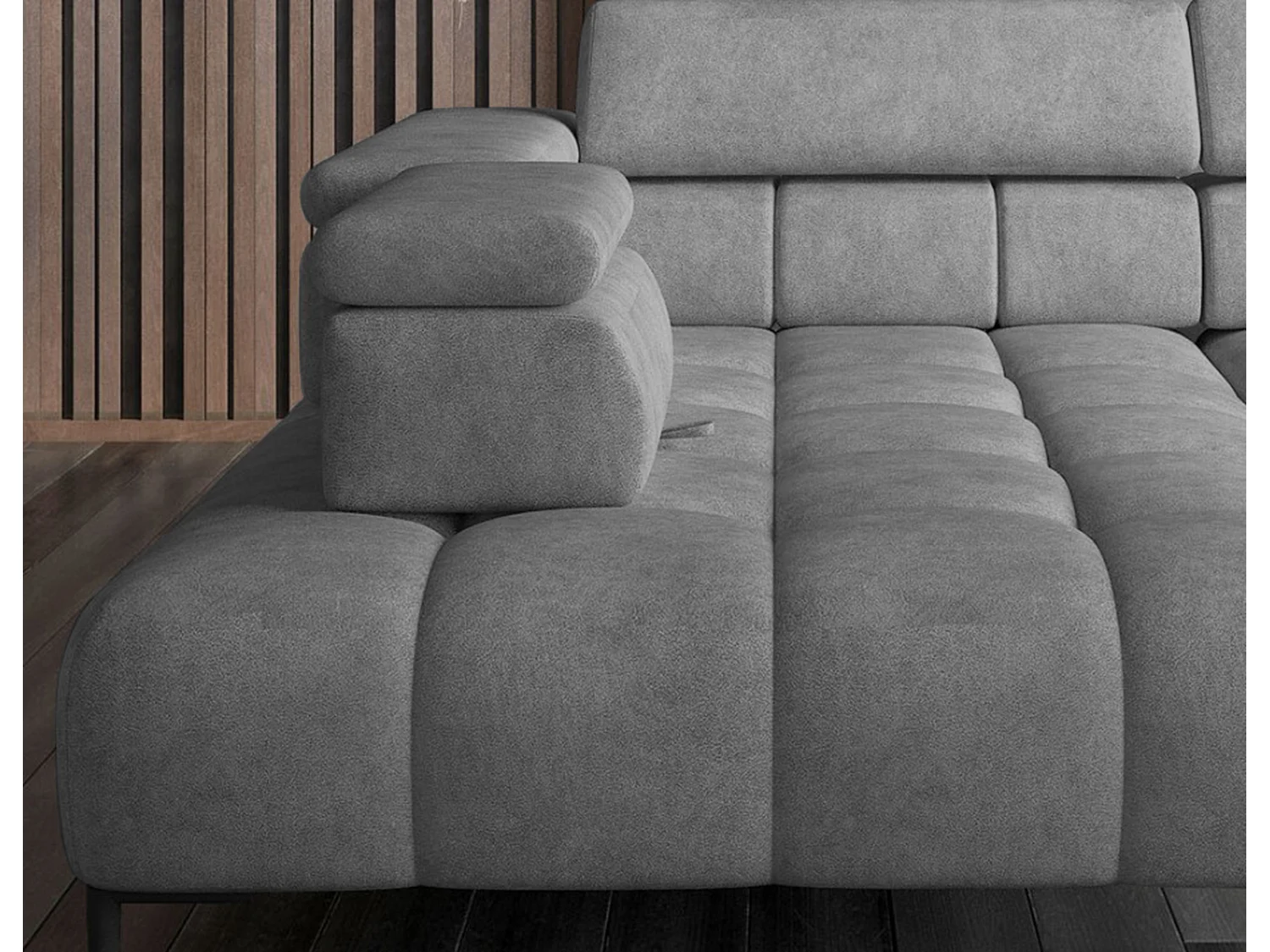 Plaza Sofa Narożna w układzie "U" - Prawa, Funkcja spania, Regulowane zagłówki i siedzisko, 385x216 cm, Jasnoszara