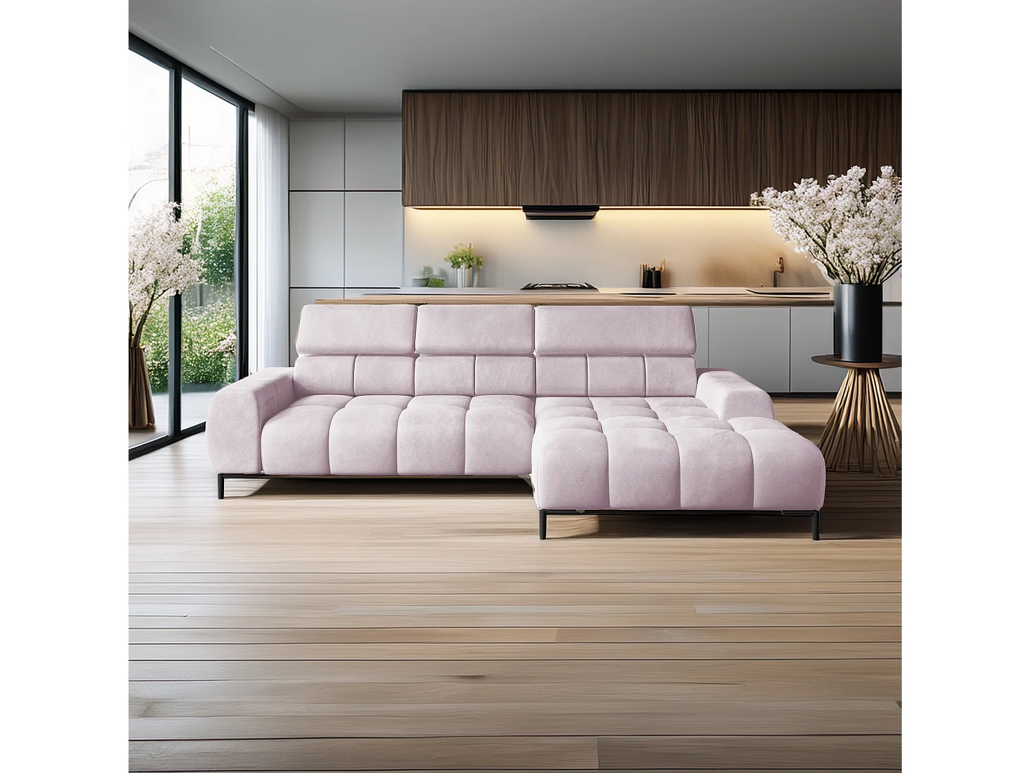 Hoeksalon PLAZA-MINI Stof SOLAR Longchair Rechts, Zachte Rugleuning, Industrieel Stijl, L-Vorm, 270x99x177cm, R-PULVERROZE