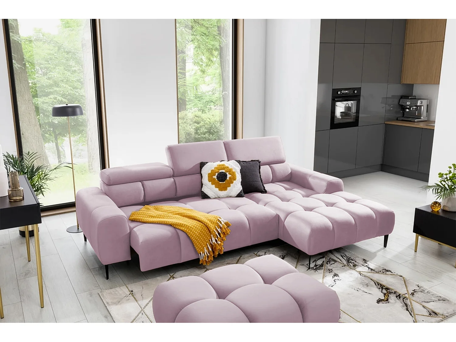 Hoeksalon PLAZA-MINI Stof SOLAR Longchair Rechts, Zachte Rugleuning, Industrieel Stijl, L-Vorm, 270x99x177cm, R-PULVERROZE