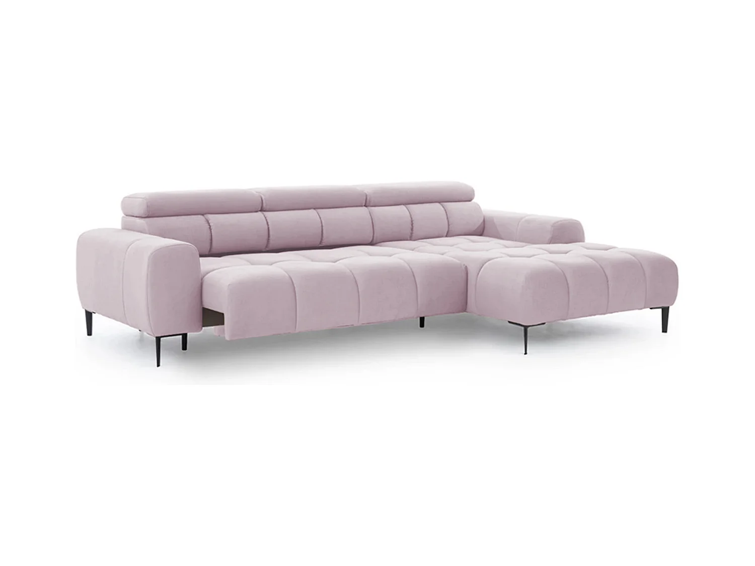 Canapé d'angle PLAZA-MINI tissu SOLAR méridienne droite, dossier moelleux, style industriel, L-forme, 270x99x177cm, R-ROSE POUDRÉ