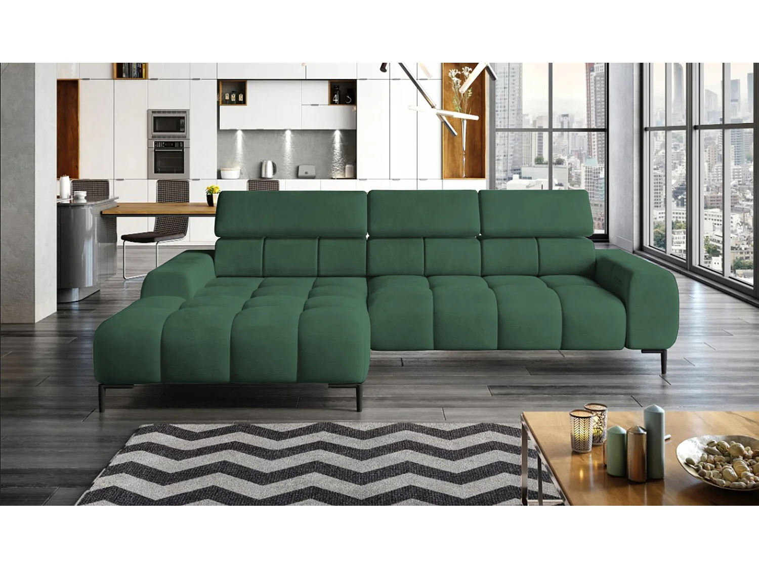 PlazaMINI PolstereckeL-Form Links, Hoekbank met Slaapfunctie, 3-zits, Verstelbare hoofdsteunen, MONOLITH, 177x270x99 cm, Groen