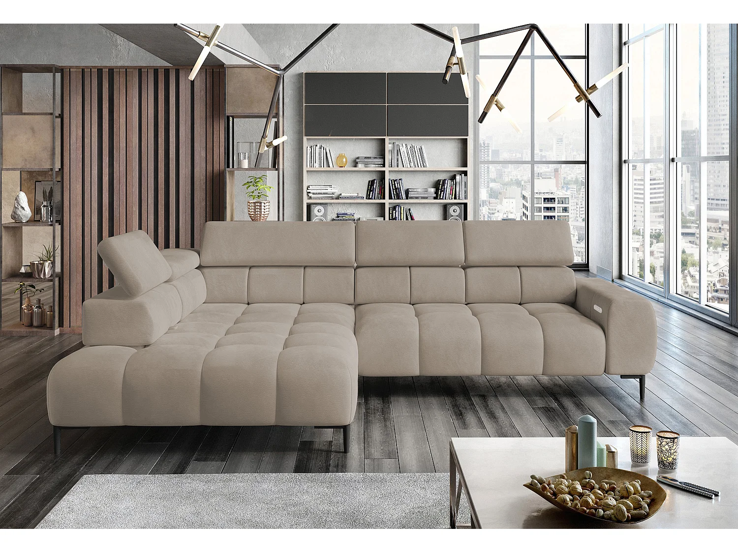 Narożnik PLAZA-L Stoff SOLAR, Sofe z Miękkim Oparciem, Longchair Lewy, Styl Industrialny, L-kształt, 300x99x216cm, Krem