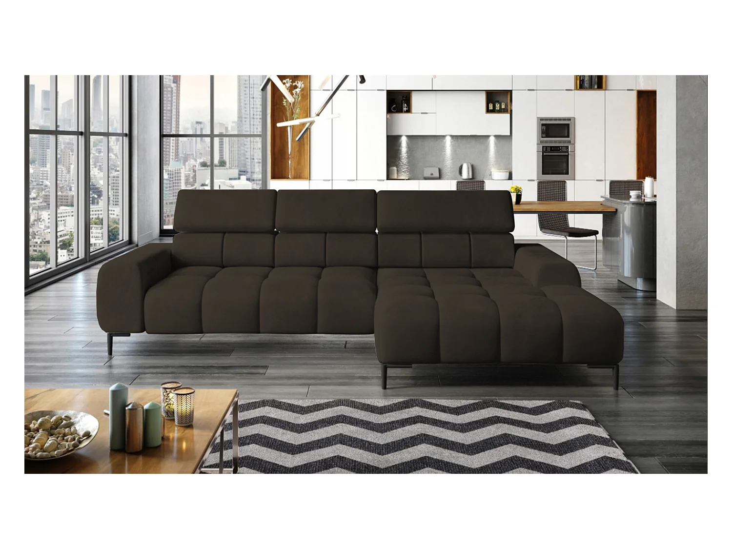 PlazaMINI Canapé d'angle L-forme Droit, canapé avec fonction lit, 3 places, têtières réglables, tissu : SALVADOR, 177x270x99 cm, Marron Foncé