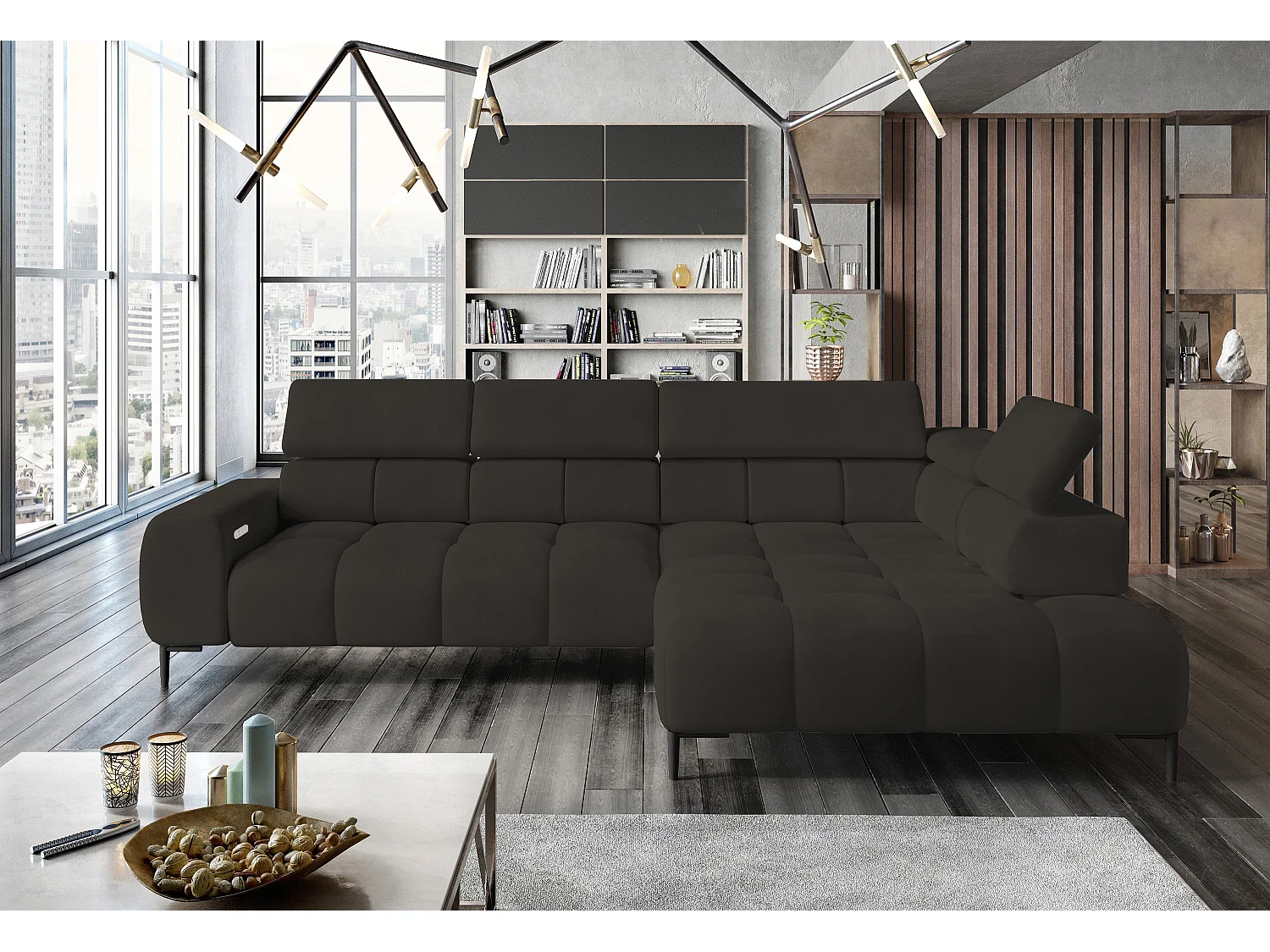 Narożnik PLAZA-L Stoff SOLAR, Sofe z Miękkim Oparciem, Longchair Prawy, Styl Industrialny, L-kształt, 300x99x216cm, Brąz