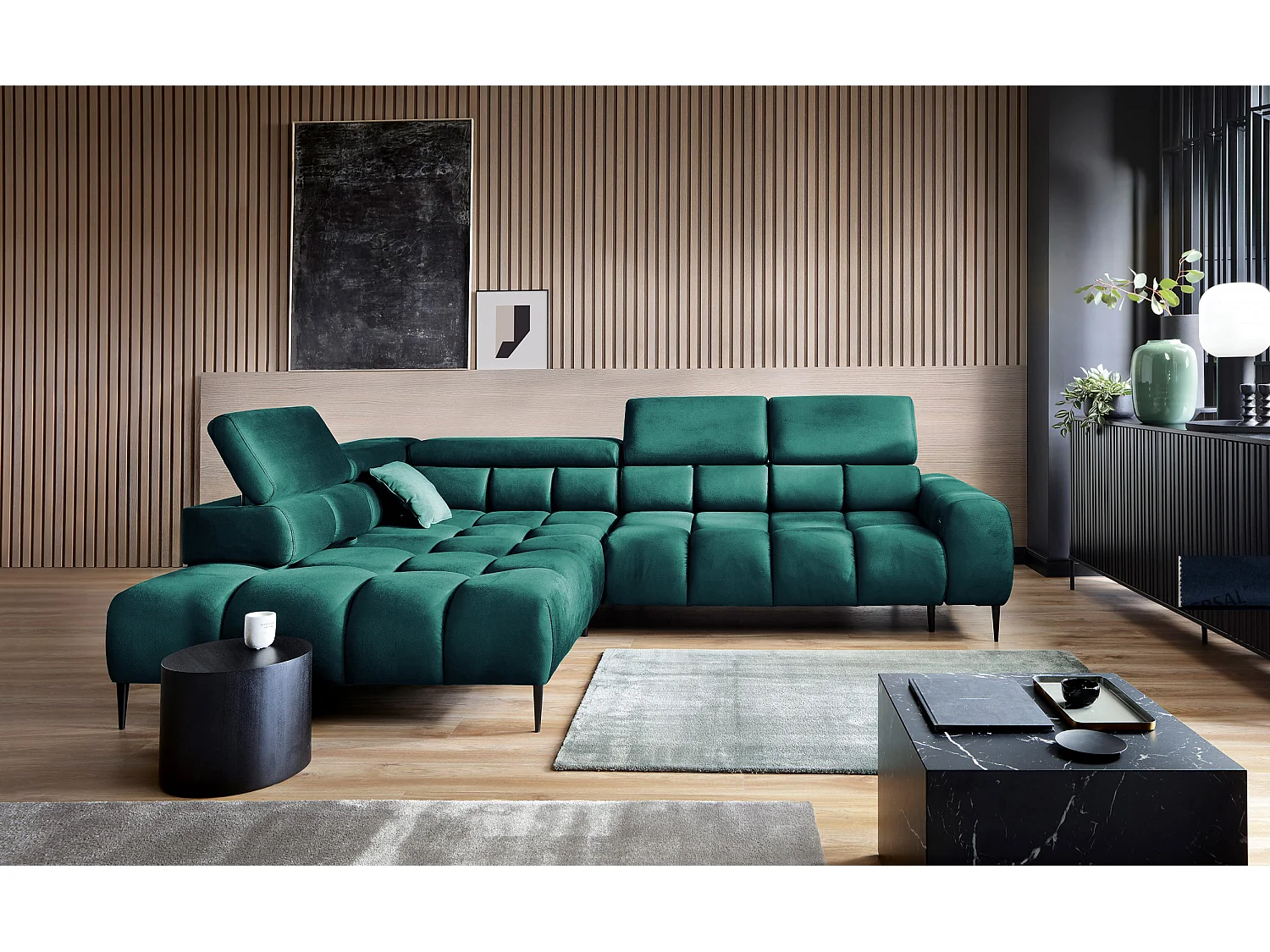 PLAZA-L Hoekbank Rechts Functioneel Comfortabel Bedfunctie Verstelbare Rugleuningen Verstelbare Zitting Verensysteem 300x216x99cm Groen