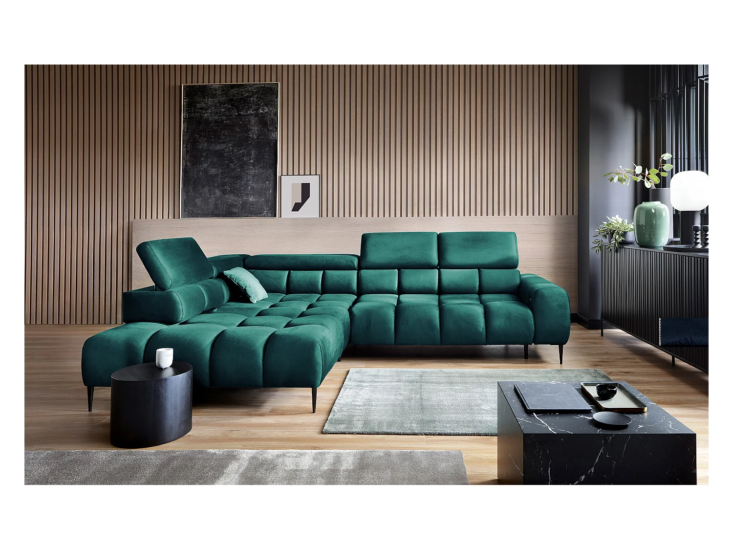 Canapé d'angle PLAZA-L droite Fonctionnel Confortable avec fonction lit Têtières réglables Assise réglable 300x216x99 cm Vert