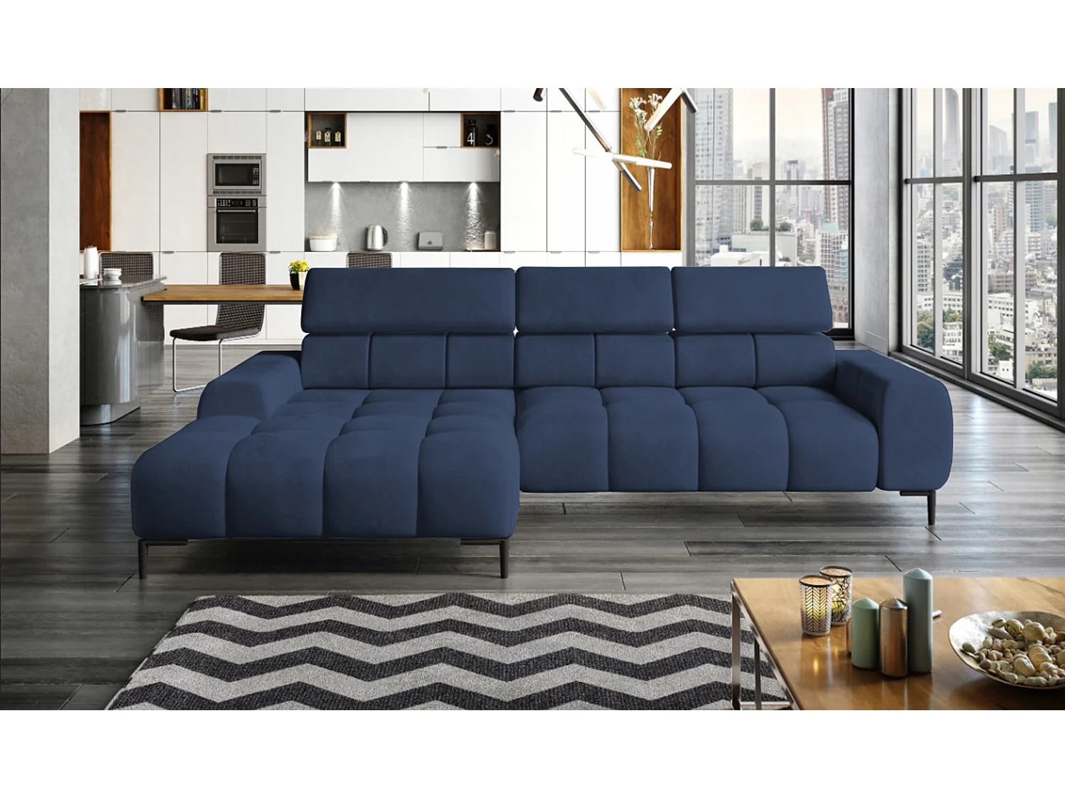 PlazaMINI PolstereckeL-Form Links, Hoekbank met Slaapfunctie, 3-zits, Verstelbare hoofdsteunen, MONOLITH, 177x270x99 cm, Blauw