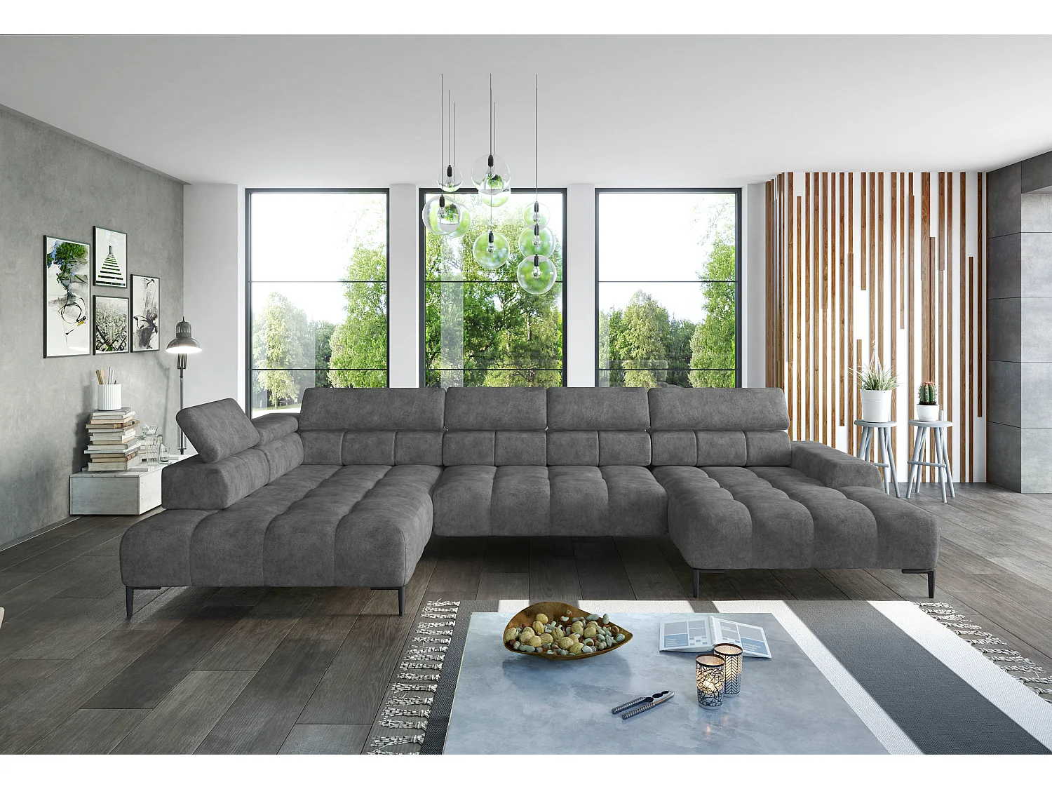 Plaza Ecksofa U-Form - Rechte Seite, Schlaffunktion, Verstellbare Kopfstützen, Wellenfedersystem, Hochelastischer Schaum, 385x216 cm, Dunkelgrau