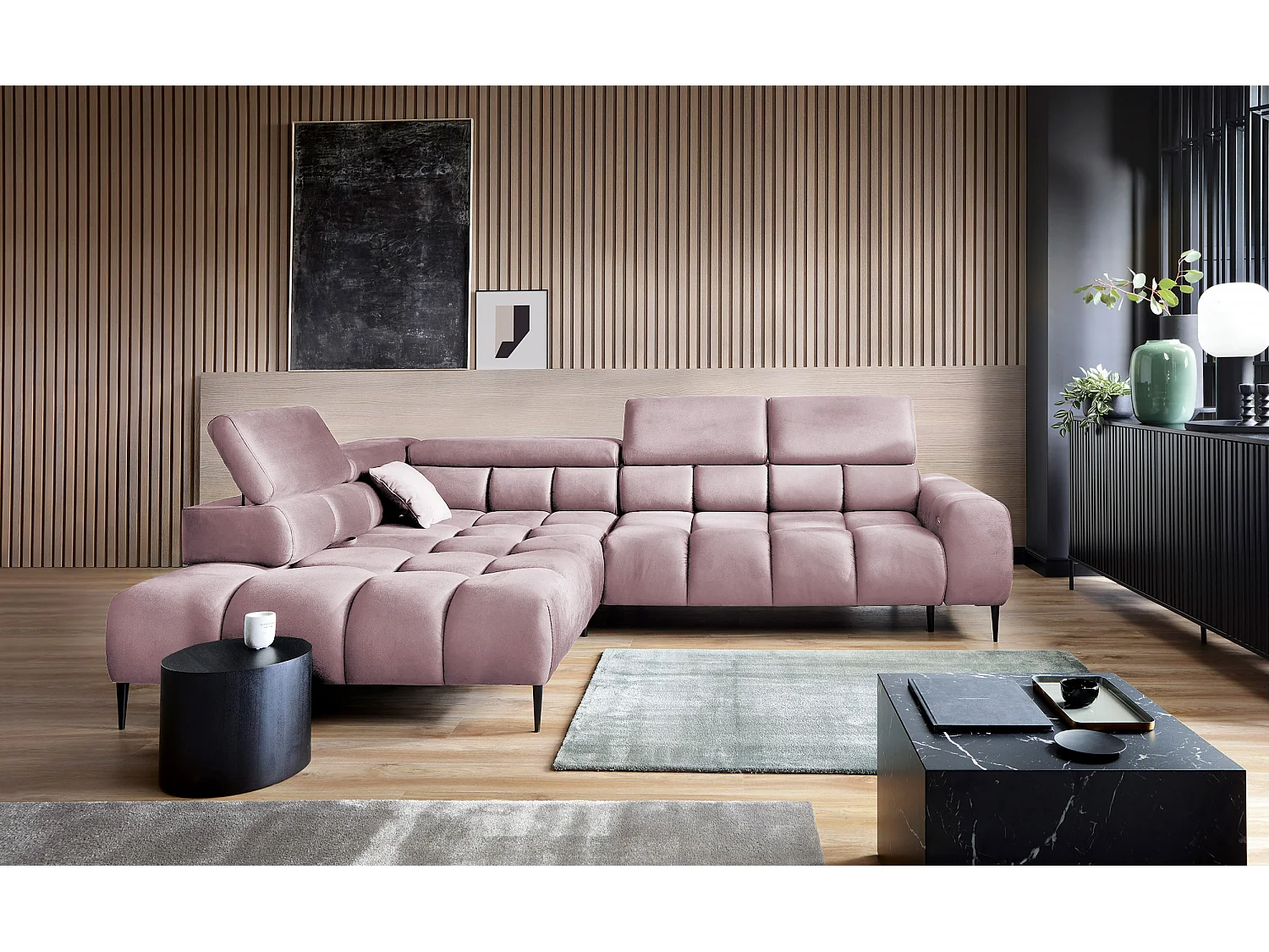 PLAZA-L Hoekbank Rechts Functioneel Comfortabel Bedfunctie Verstelbare Rugleuningen Verstelbare Zitting Verensysteem 300x216x99cm Poederroze