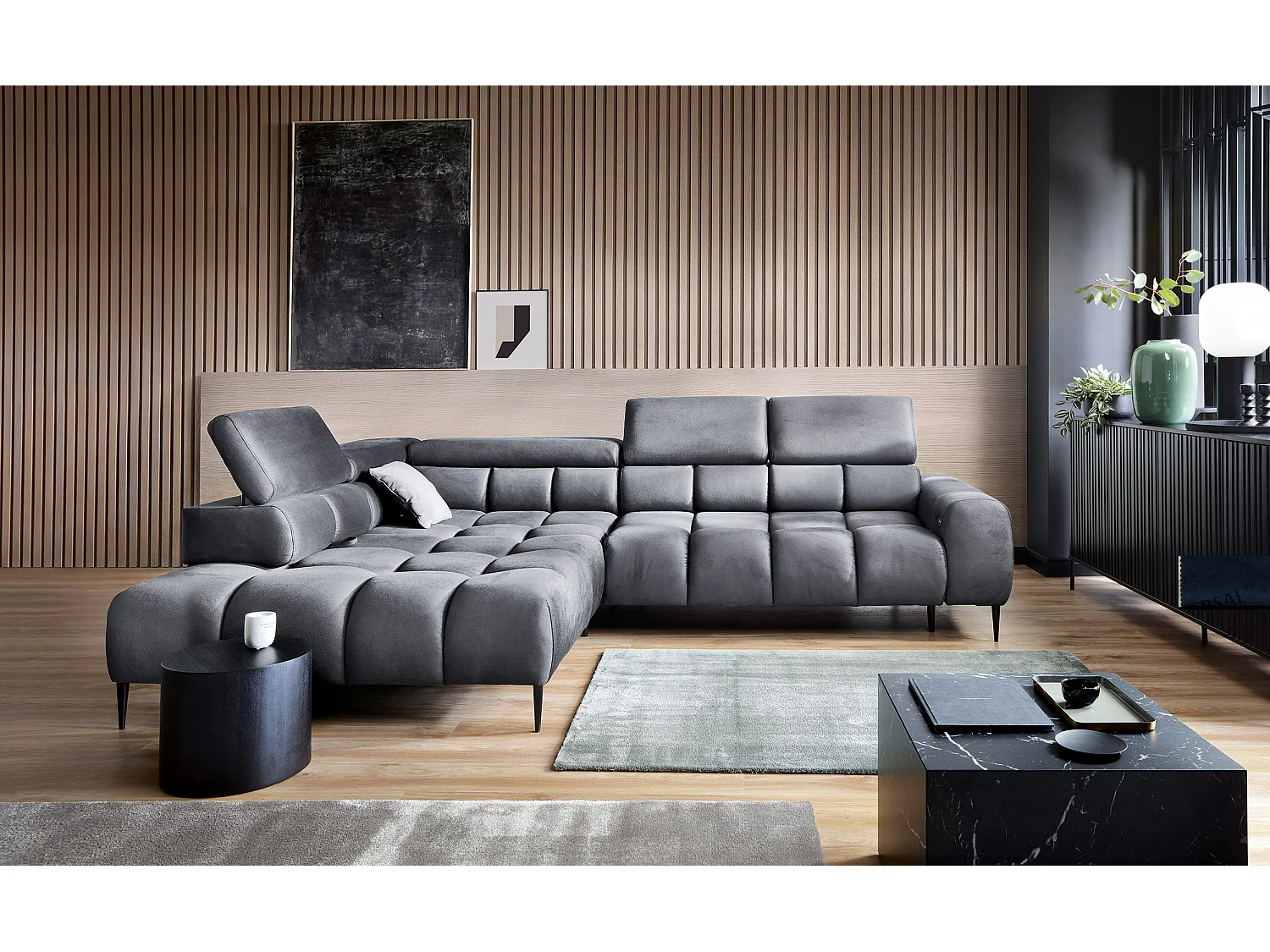 Narożnik PLAZA-L Prawy Funkcjonalny Wygodna Funkcja Spania Regulowane Oparcia Regulowany Siedzisko System Sprężyn 300x216x99cm Ciemnoszary