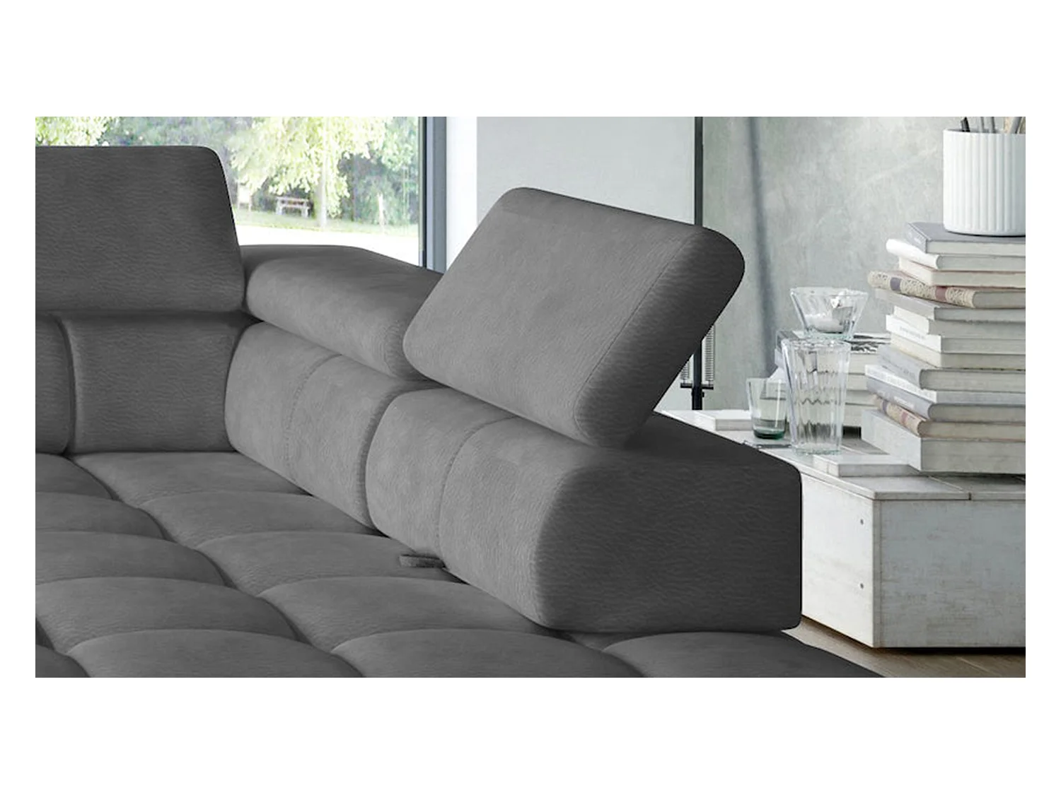 Canapé d'angle PLAZA-U tissu SOLAR avec dossier moelleux, style industriel, U-forme, gauche 385x99x216cm, 216cm long, 177cm court, Gris