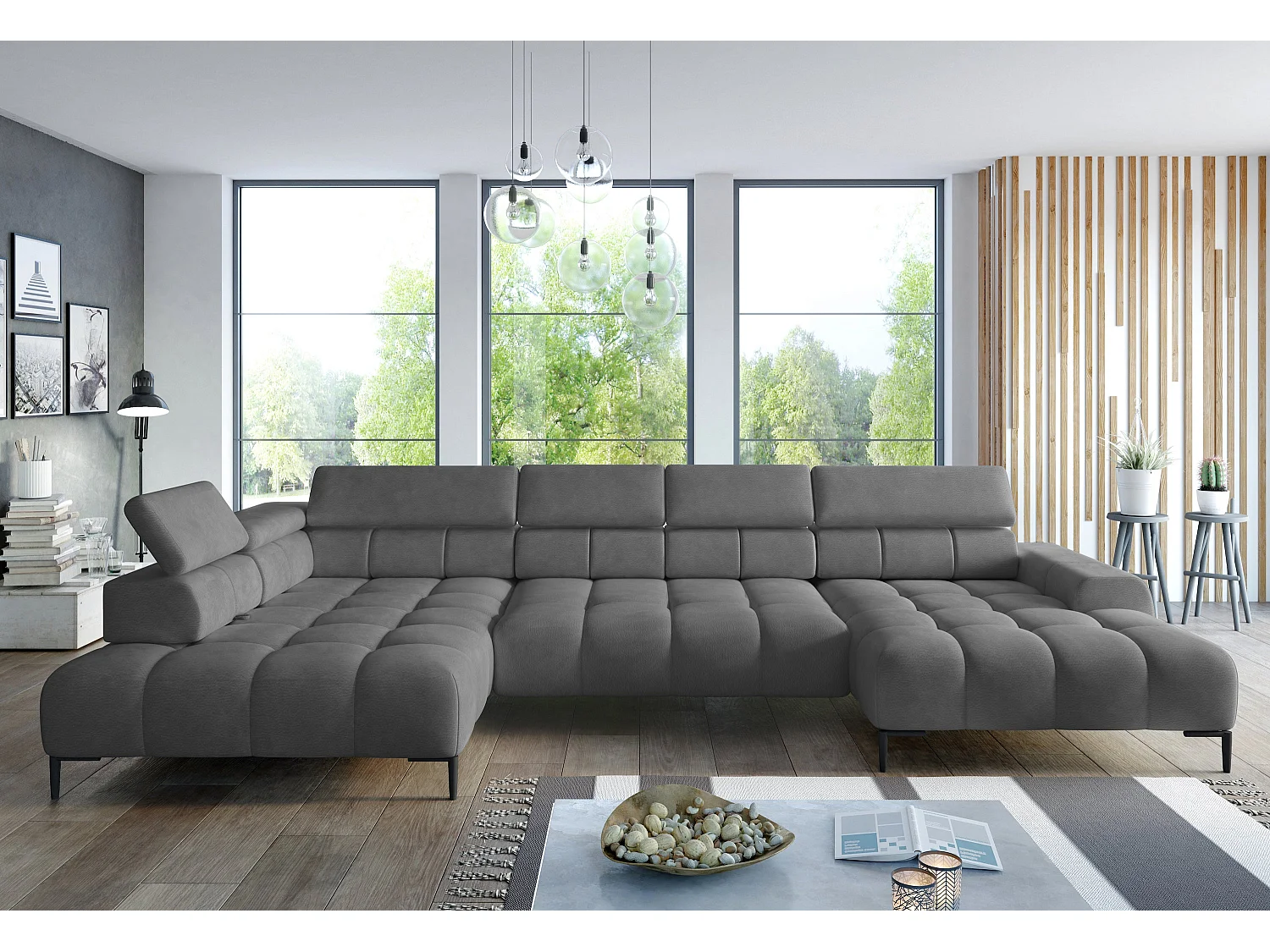 Ecksofa PLAZA-U Stof SOLAR Hoekbank Incl. Comfortabele Rugleuning Lang Links 216cm Kort Rechts 177cm U-Vorm 385x99x216cm GRIS