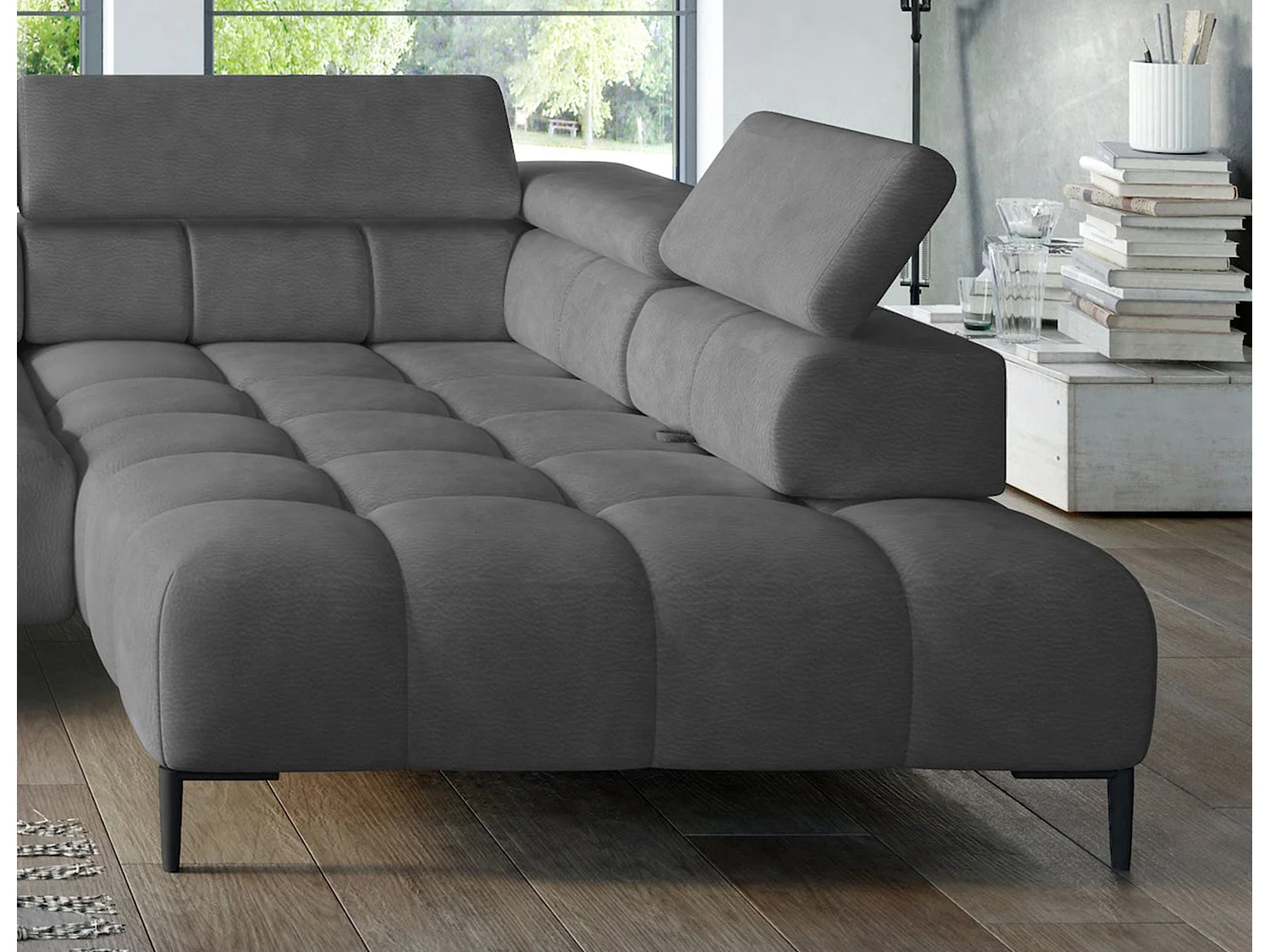 Ecksofa PLAZA-U Stof SOLAR Hoekbank Incl. Comfortabele Rugleuning Lang Links 216cm Kort Rechts 177cm U-Vorm 385x99x216cm GRIS