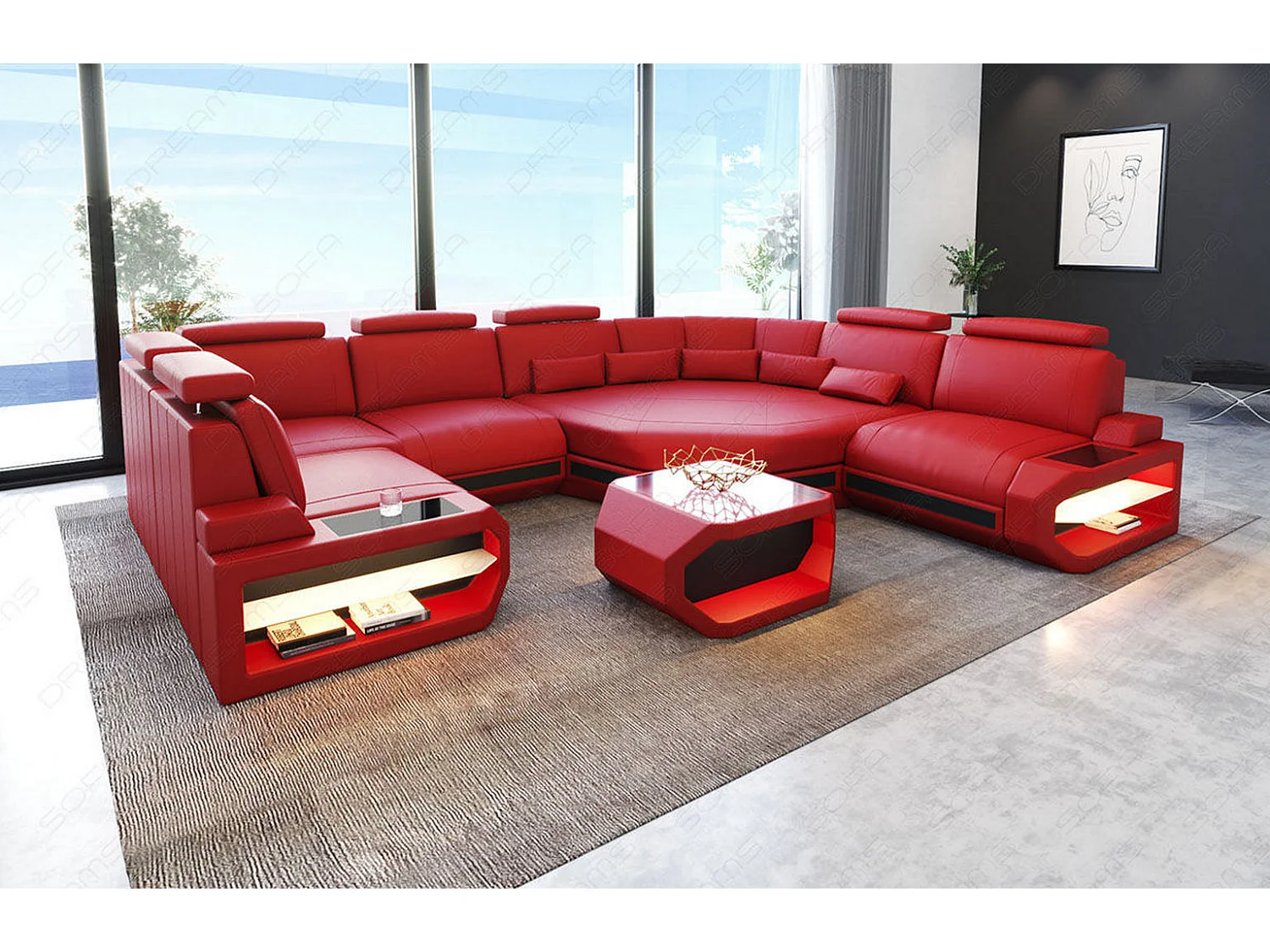 Mini Sofa Asti U Leder Echtleder Rot Schwarz Rechts