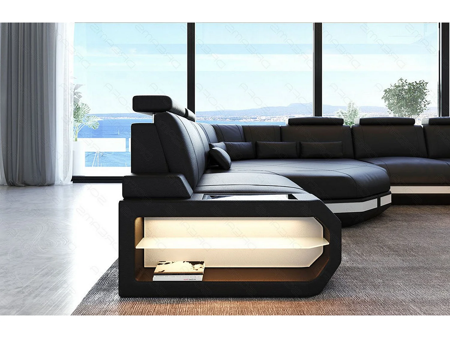 Mini Sofa Asti U Leder Kunstleder Schwarz Weiß Links