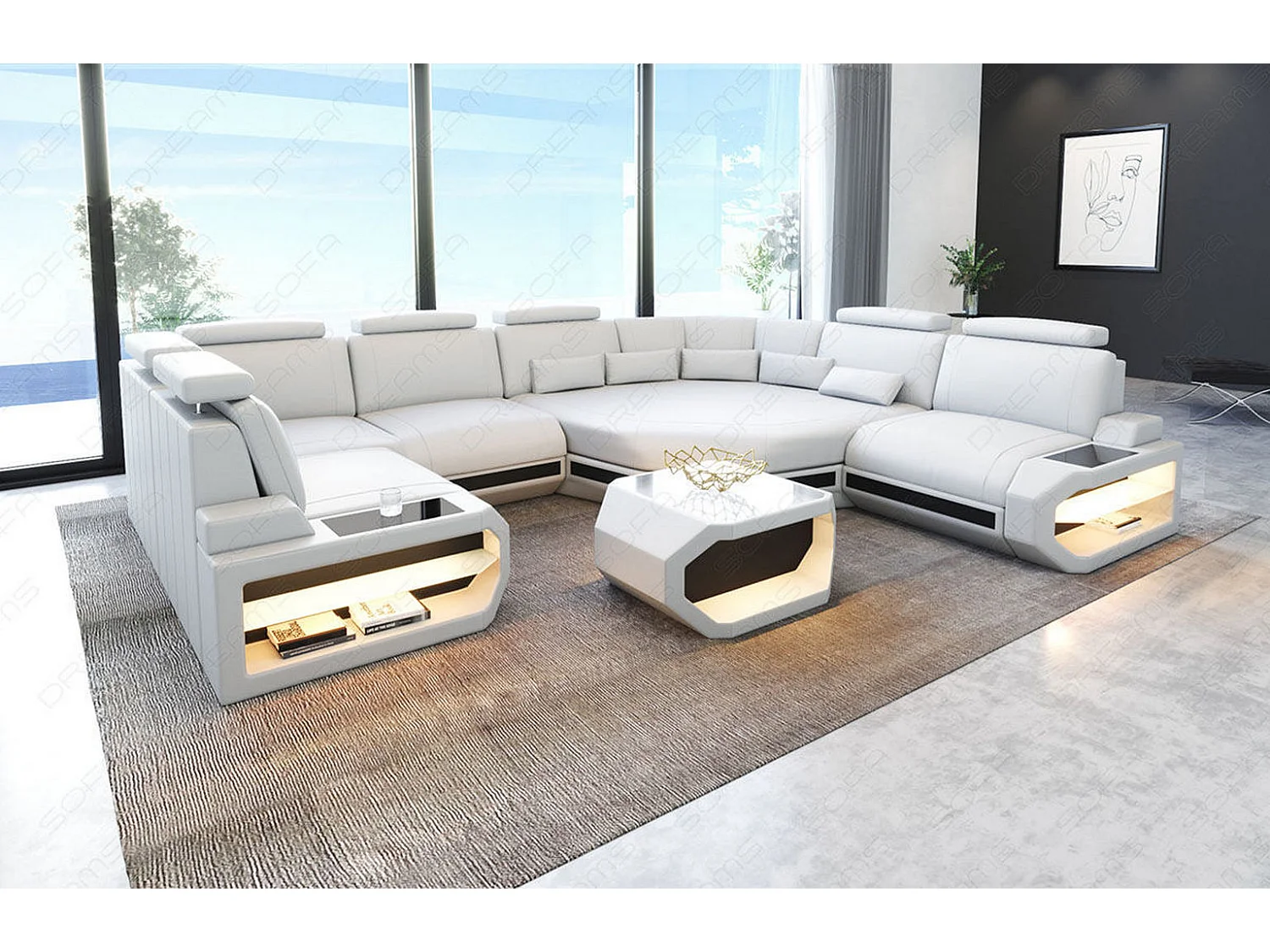 Mini Sofa Asti U Leder Ledermix Weiß Schwarz Rechts