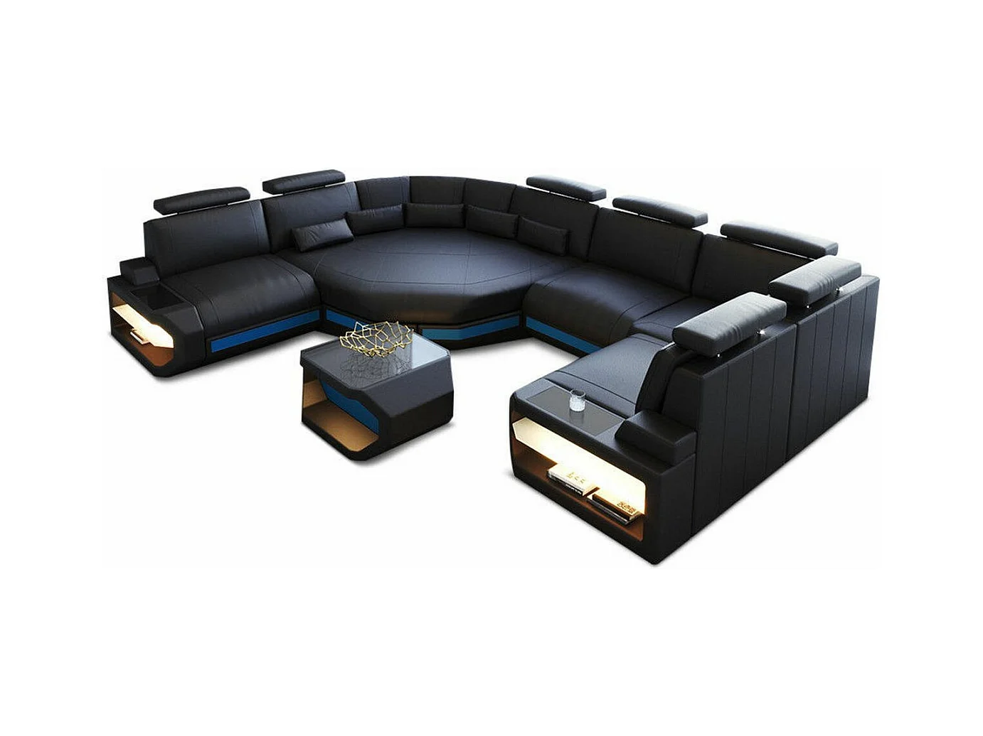 Mini Sofa Asti U Leder Echtleder Schwarz Blau Links
