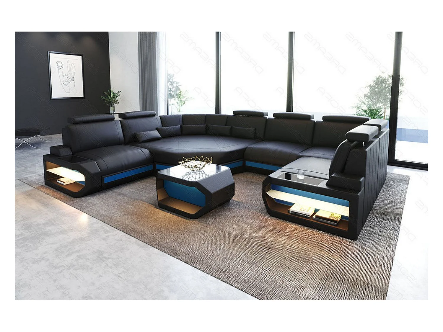 Mini Sofa Asti U Leder Echtleder Schwarz Blau Links