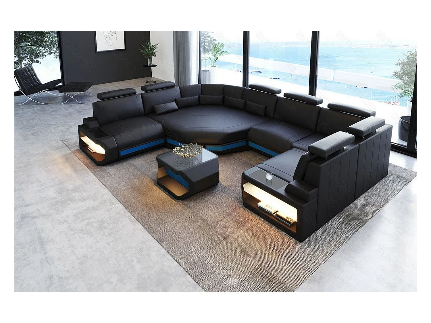 Mini Sofa Asti U Leder Echtleder Schwarz Blau Links