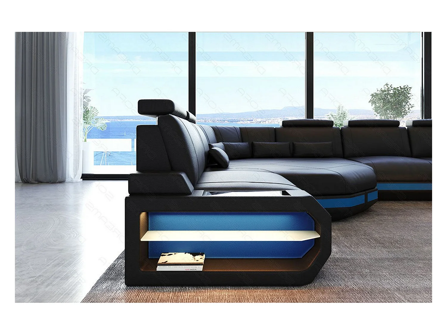 Mini Sofa Asti U Leder Echtleder Schwarz Blau Links